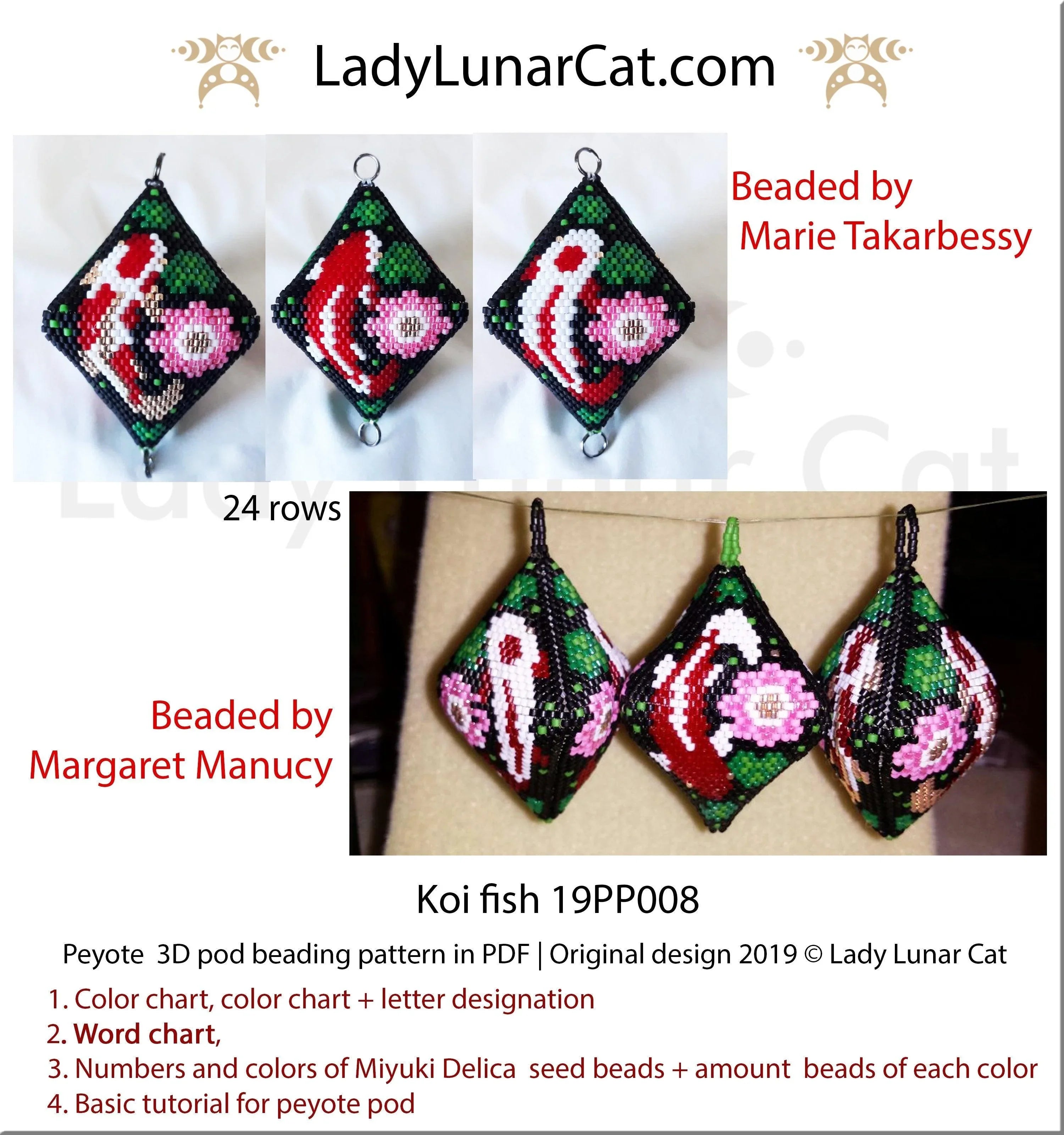Koi fish peyote pod pattern by Lady Lunar Cat — 4 versions oriental Japanese garden beading PDF 19PP008