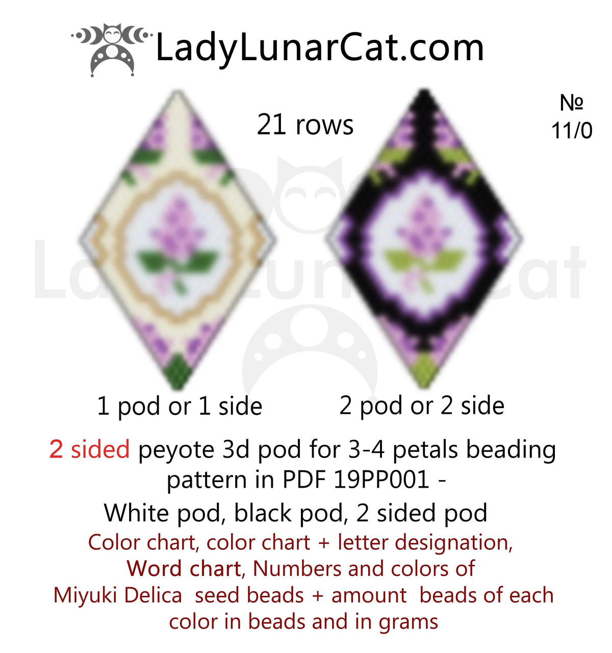 Lilac flowers peyote pod beading pattern — 2 color versions, Miyuki Delica 11/0