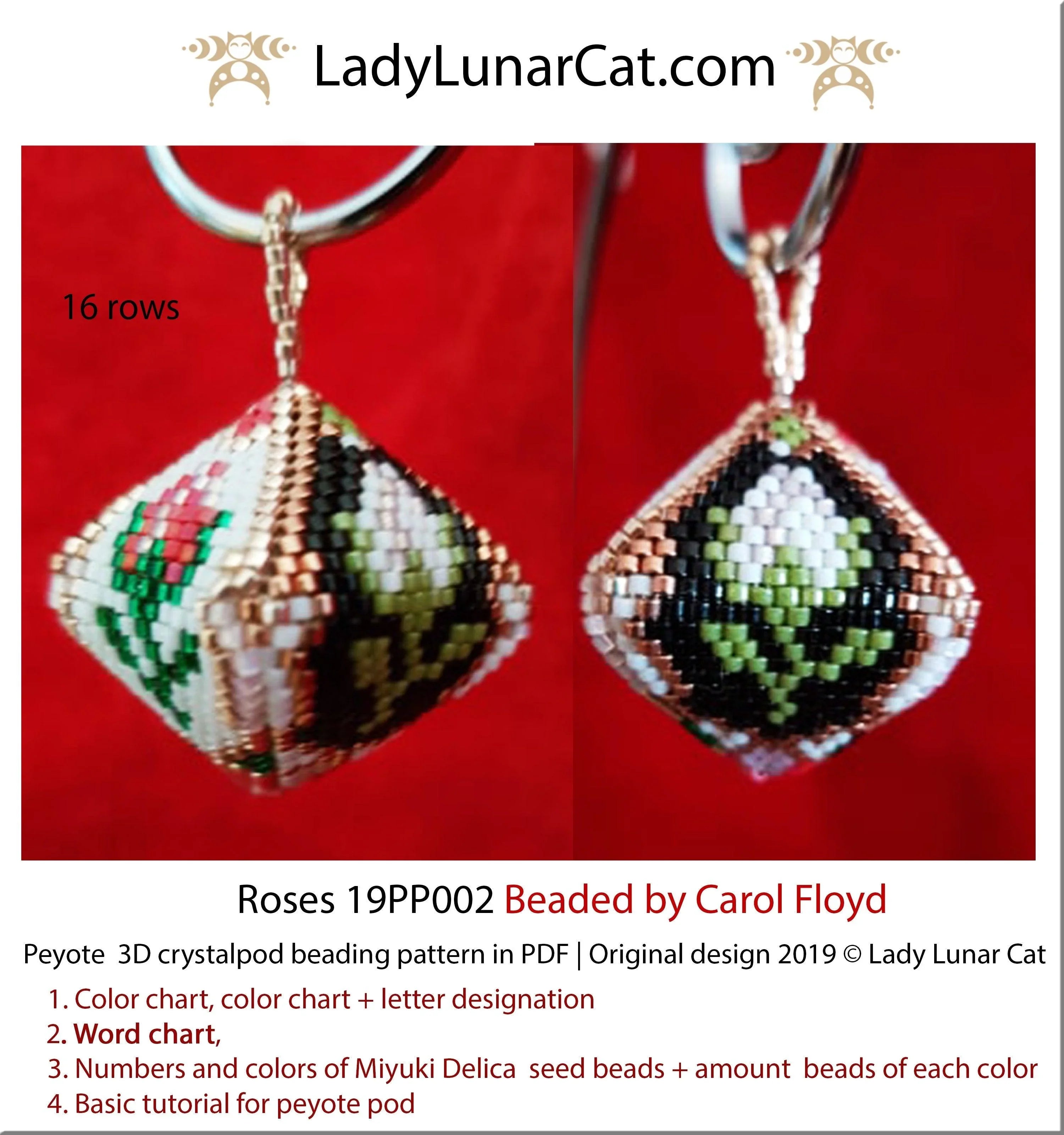 Vintage Roses peyote pod pattern PDF by Lady Lunar Cat — 3D beaded pod 19PP002