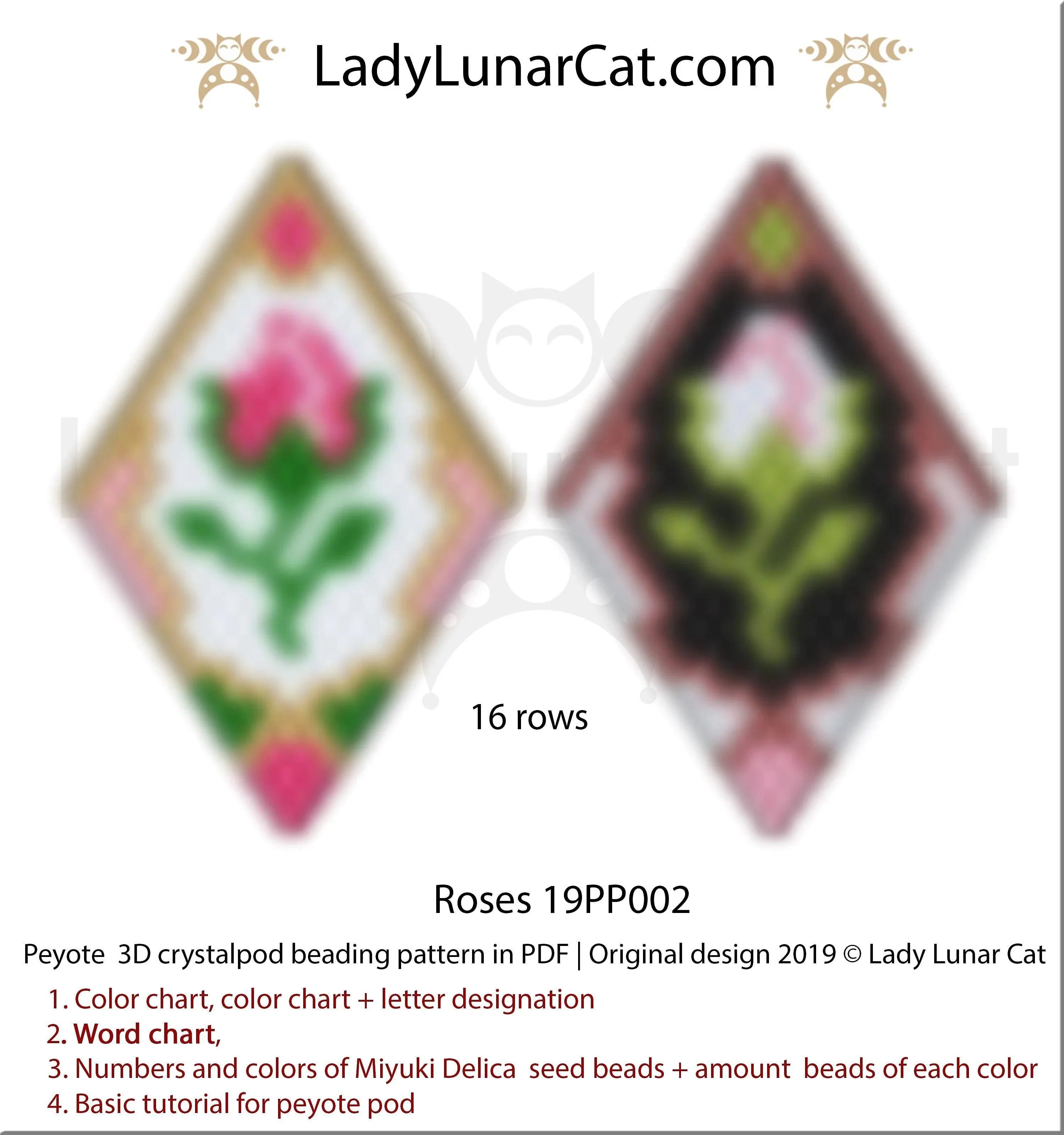 Floral peyote pod beading pattern — vintage roses, Miyuki Delica 11/0, 3 color versions