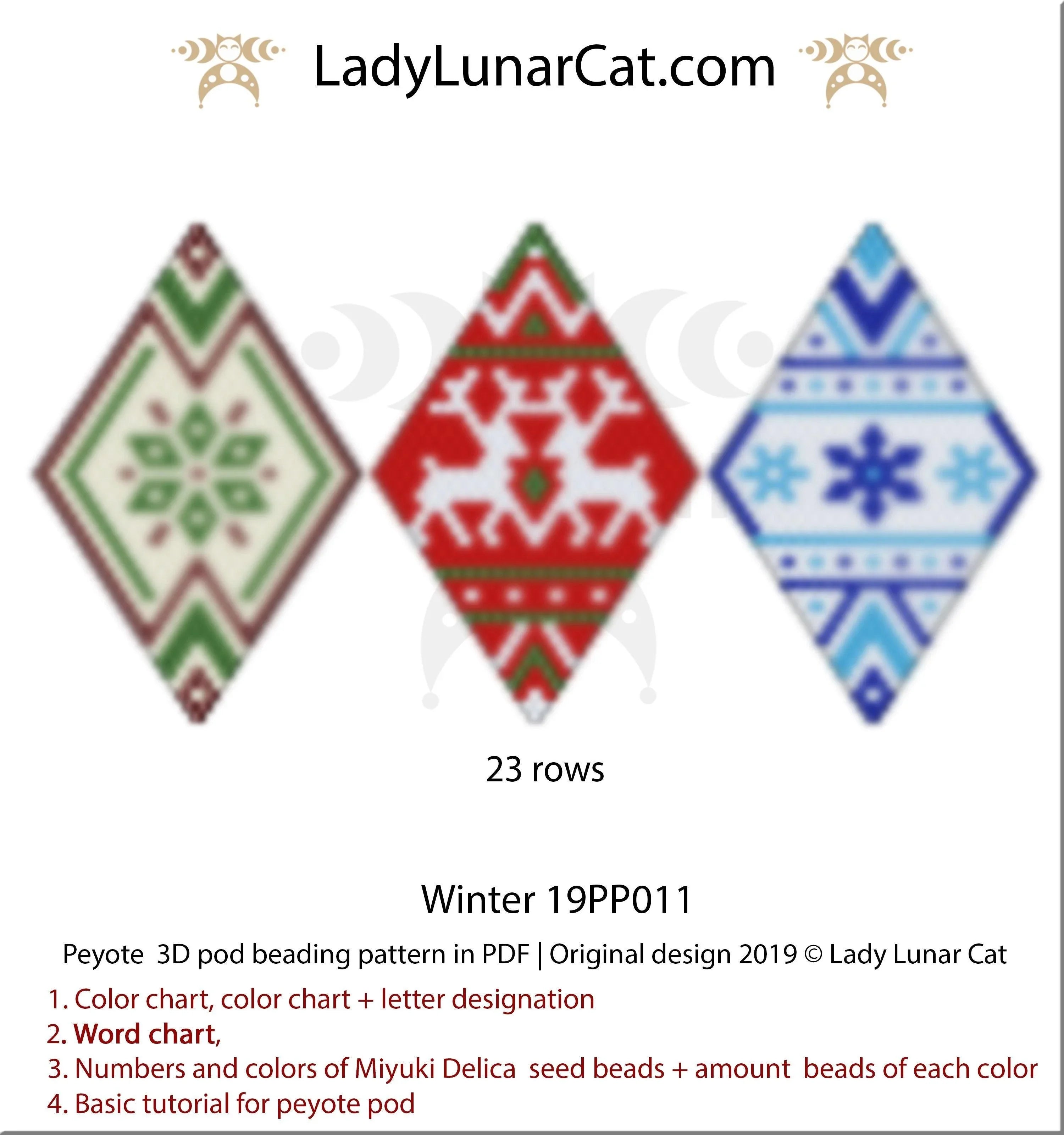 3D peyote pod winter bundle — 4 cottagecore Christmas ornament variations instant download LadyLunarCat