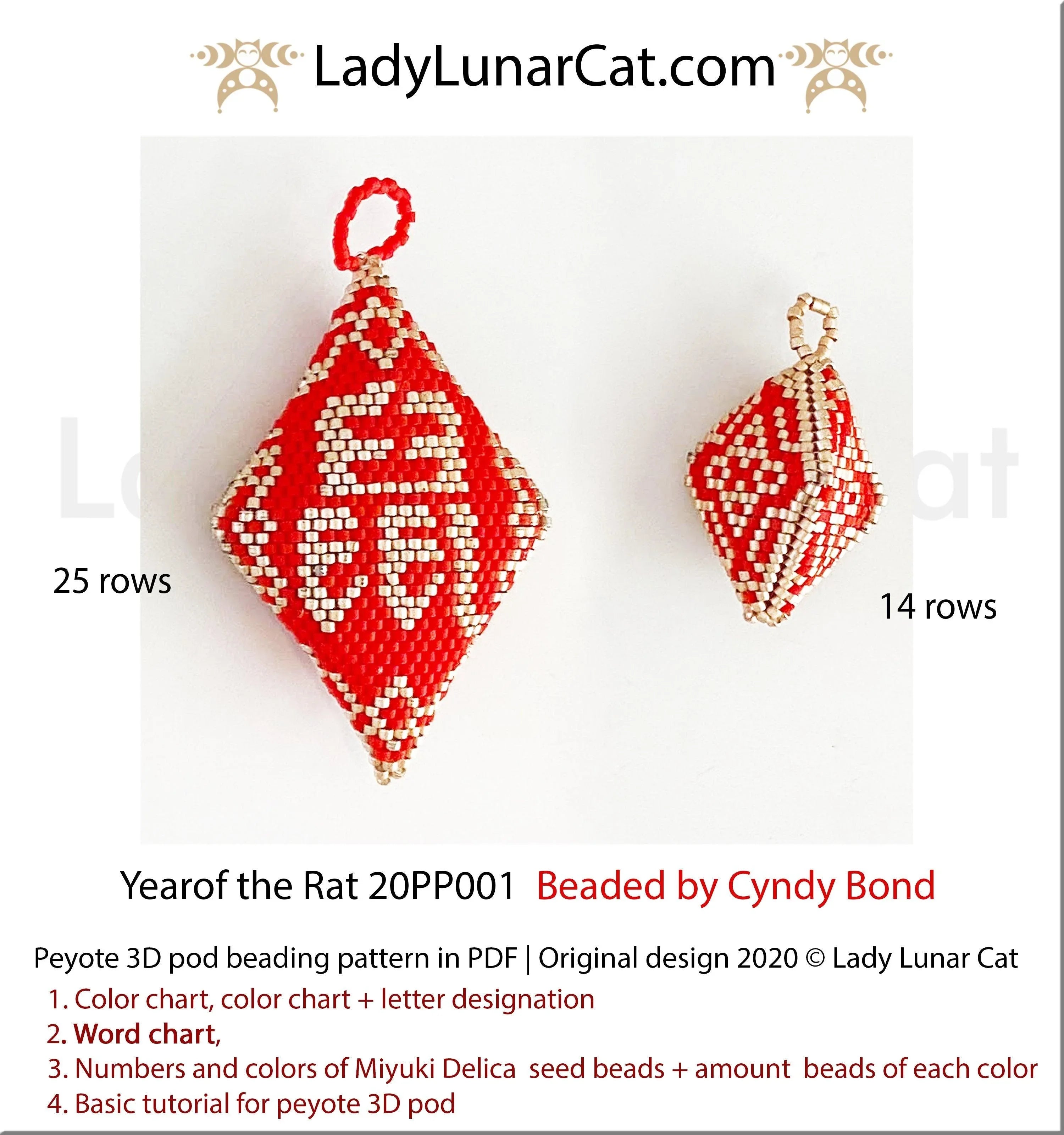 Year of the Rat peyote pod by Lady Lunar Cat — Chinese zodiac 2 sizes gift beading PDF 20PP001