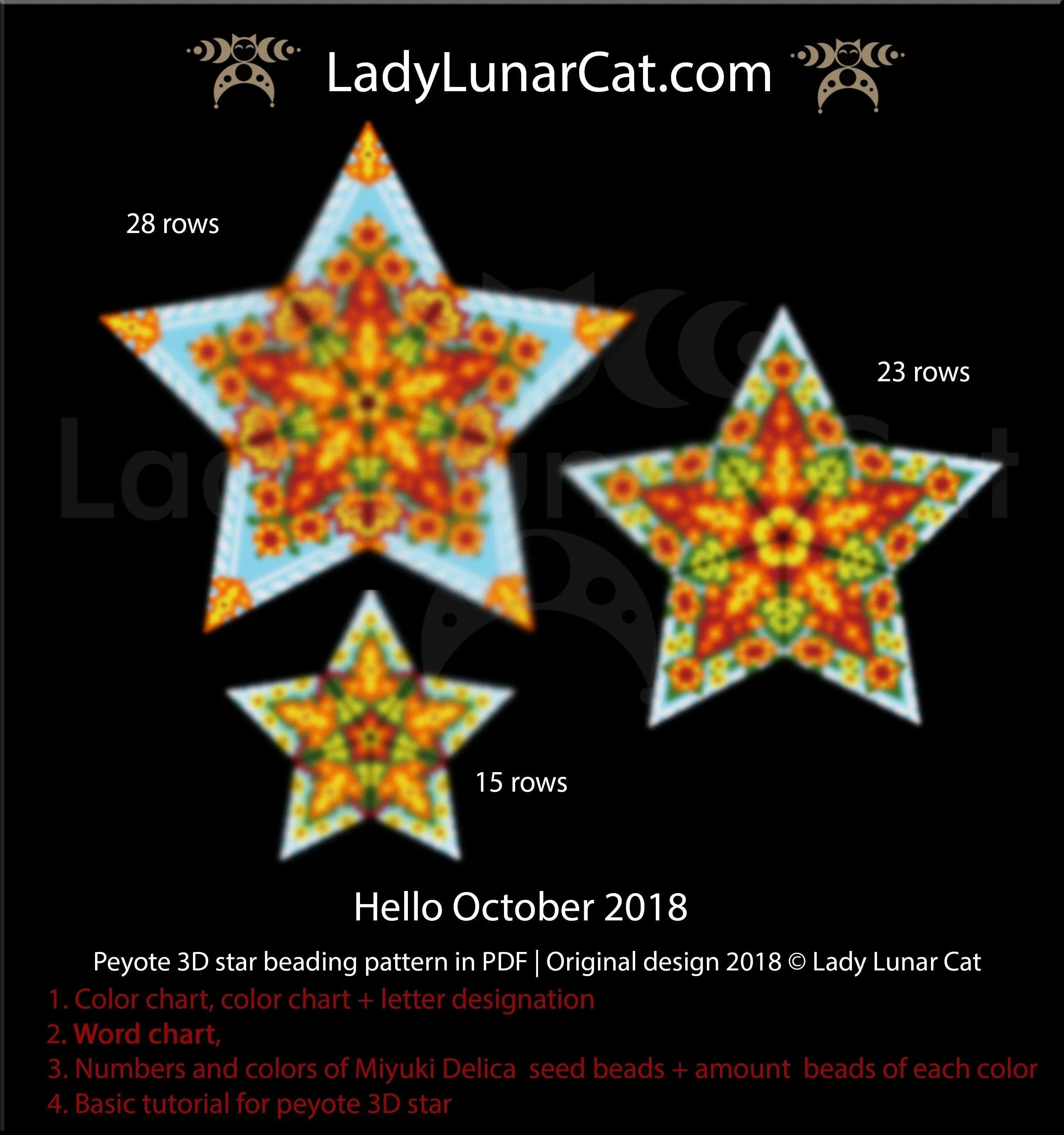 Hello October peyote star beading pattern preview — 3 sizes, 6 colors each included