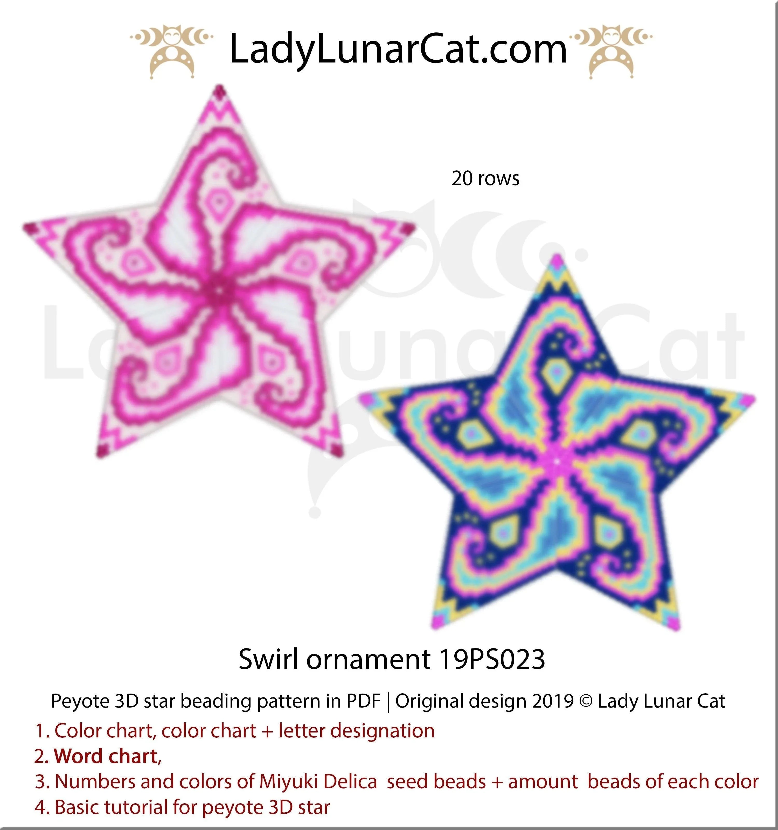 3D peyote star swirl ornament — 20 corner rows, 33-page PDF, Christmas, instant download