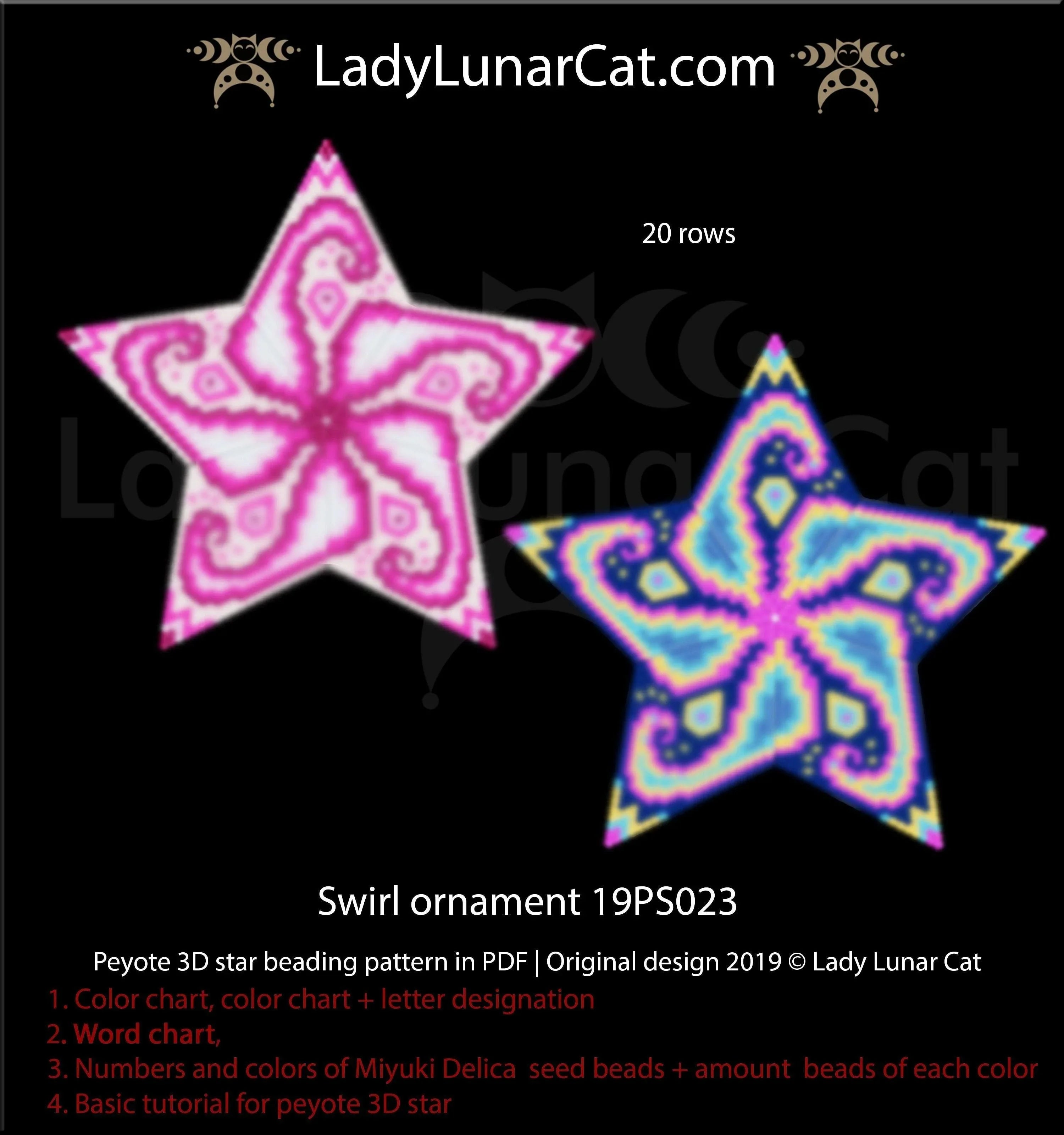 Swirl ornament peyote star — 3 versions, 5–10 colors, 39-bead radius, Miyuki Delica 11/0