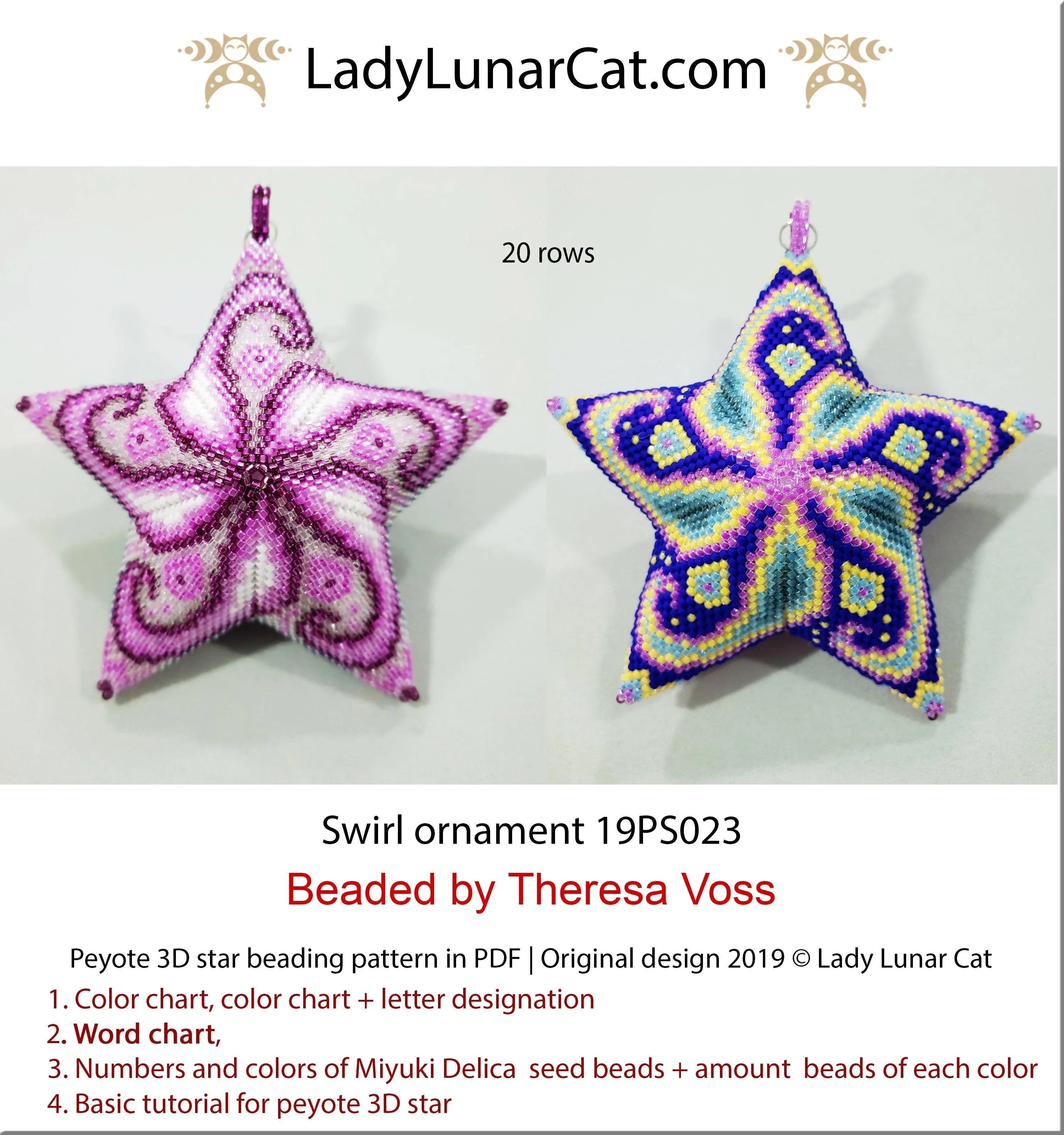 Swirl ornament peyote star pattern PDF by Lady Lunar Cat — 3 versions Christmas 19PS023
