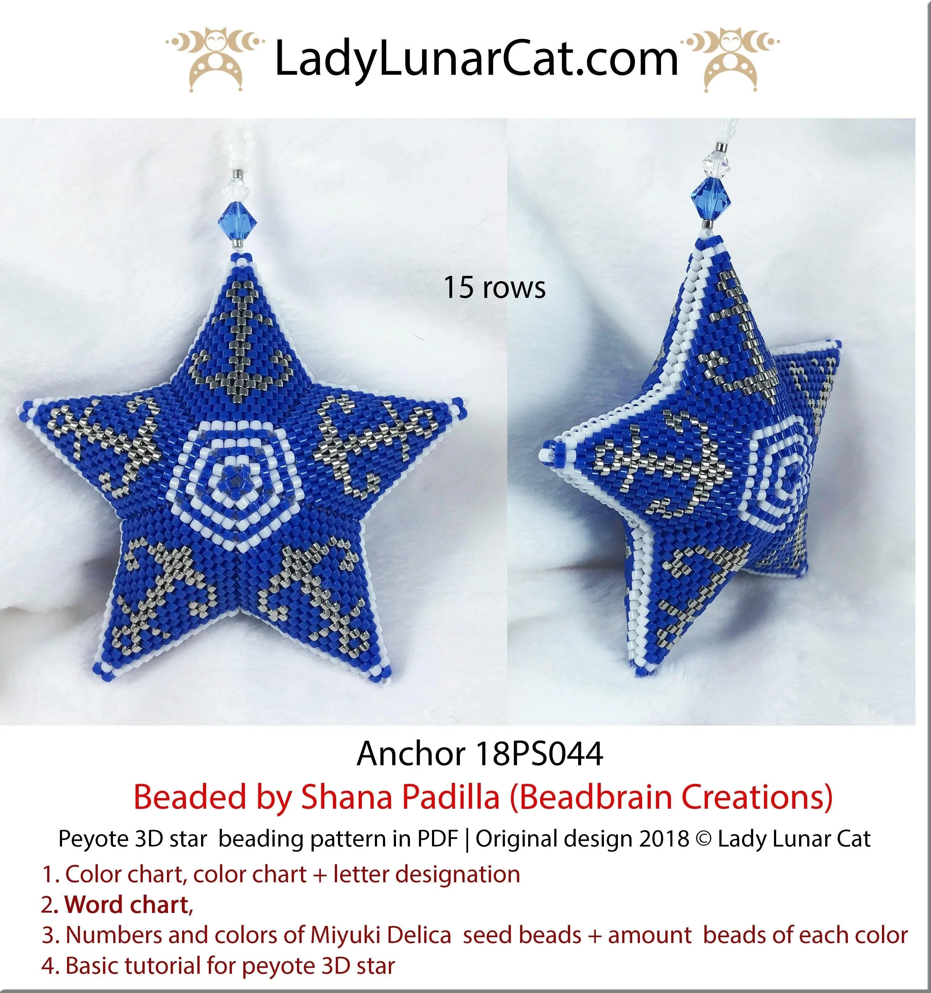 Anchor peyote star pattern PDF by Lady Lunar Cat — 2 sizes nautical 18PS044