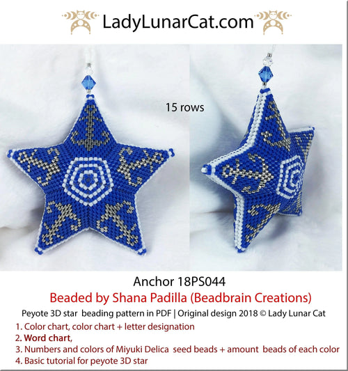 Anchor peyote star pattern PDF by Lady Lunar Cat — 2 sizes nautical 18PS044