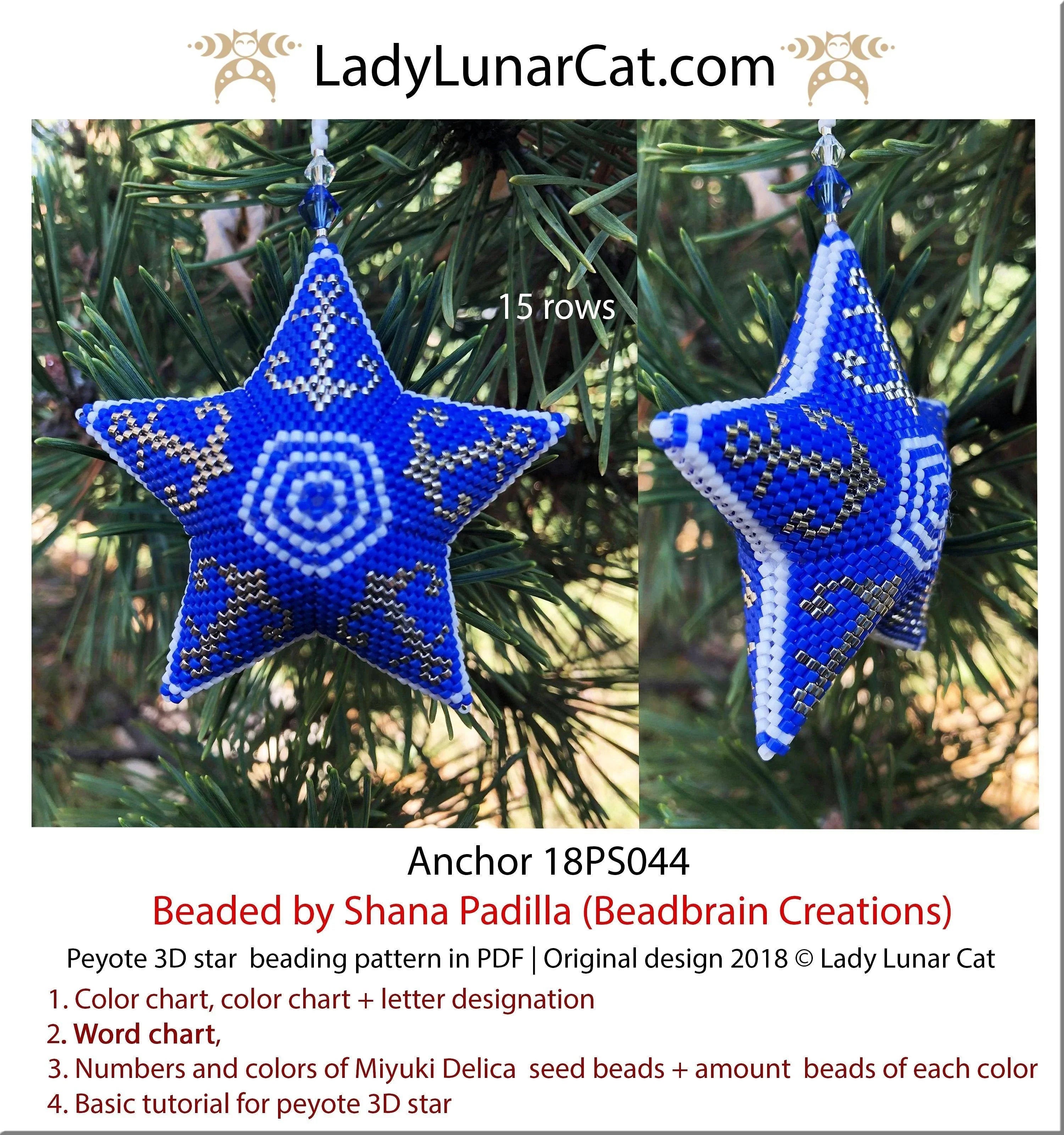 Nautical anchor peyote star beading pattern — 3 colors, 2 sizes, Miyuki Delica 11/0