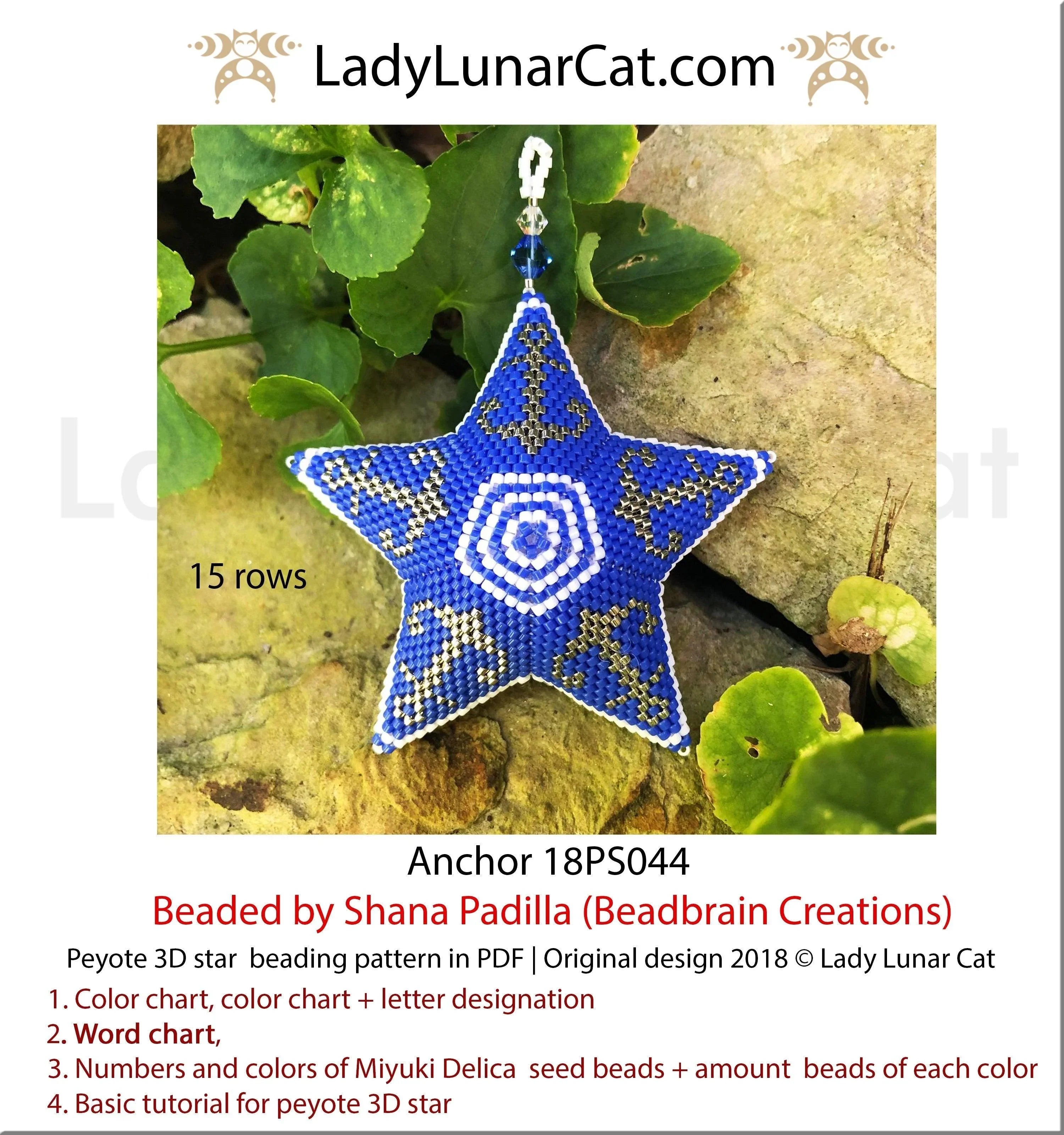 Beaded anchor star pendant — peyote stitch tutorial PDF for all levels
Anchor peyote star beading pattern preview — 2 sizes, colored graph paper included