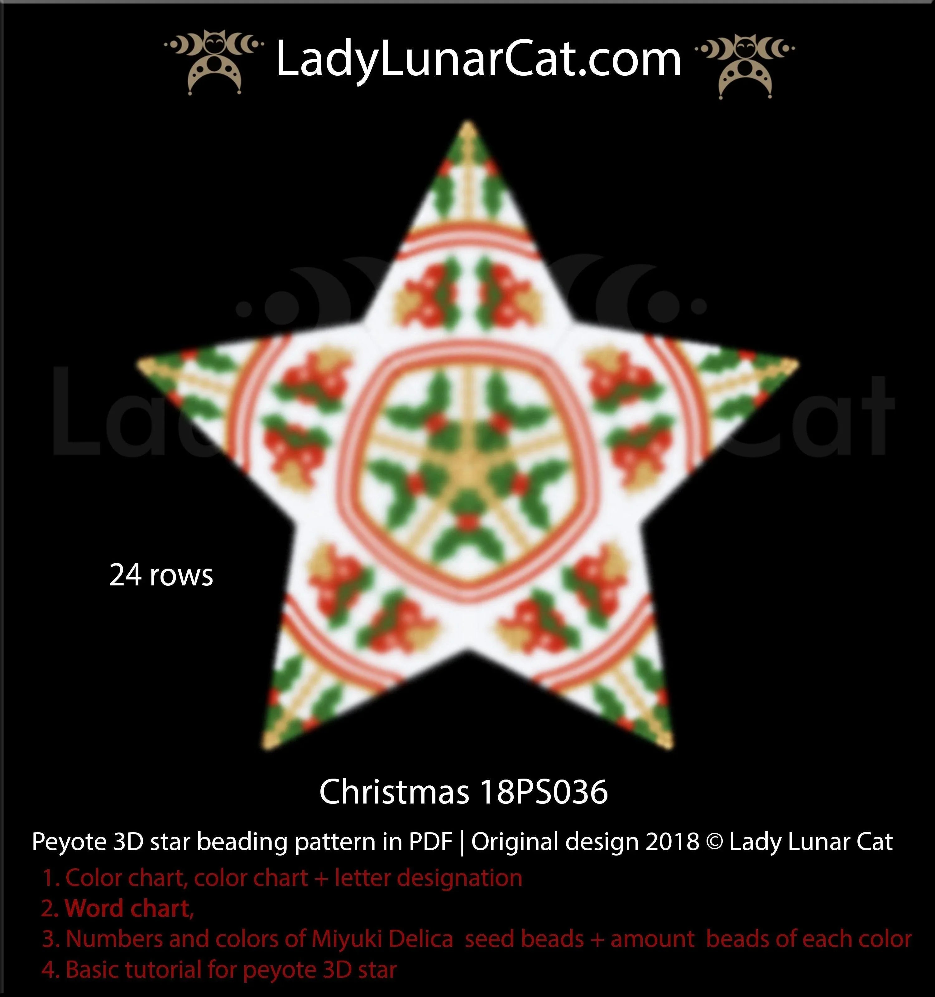 Bells holly peyote star — classic vintage Christmas ornament green gold beading LadyLunarCat