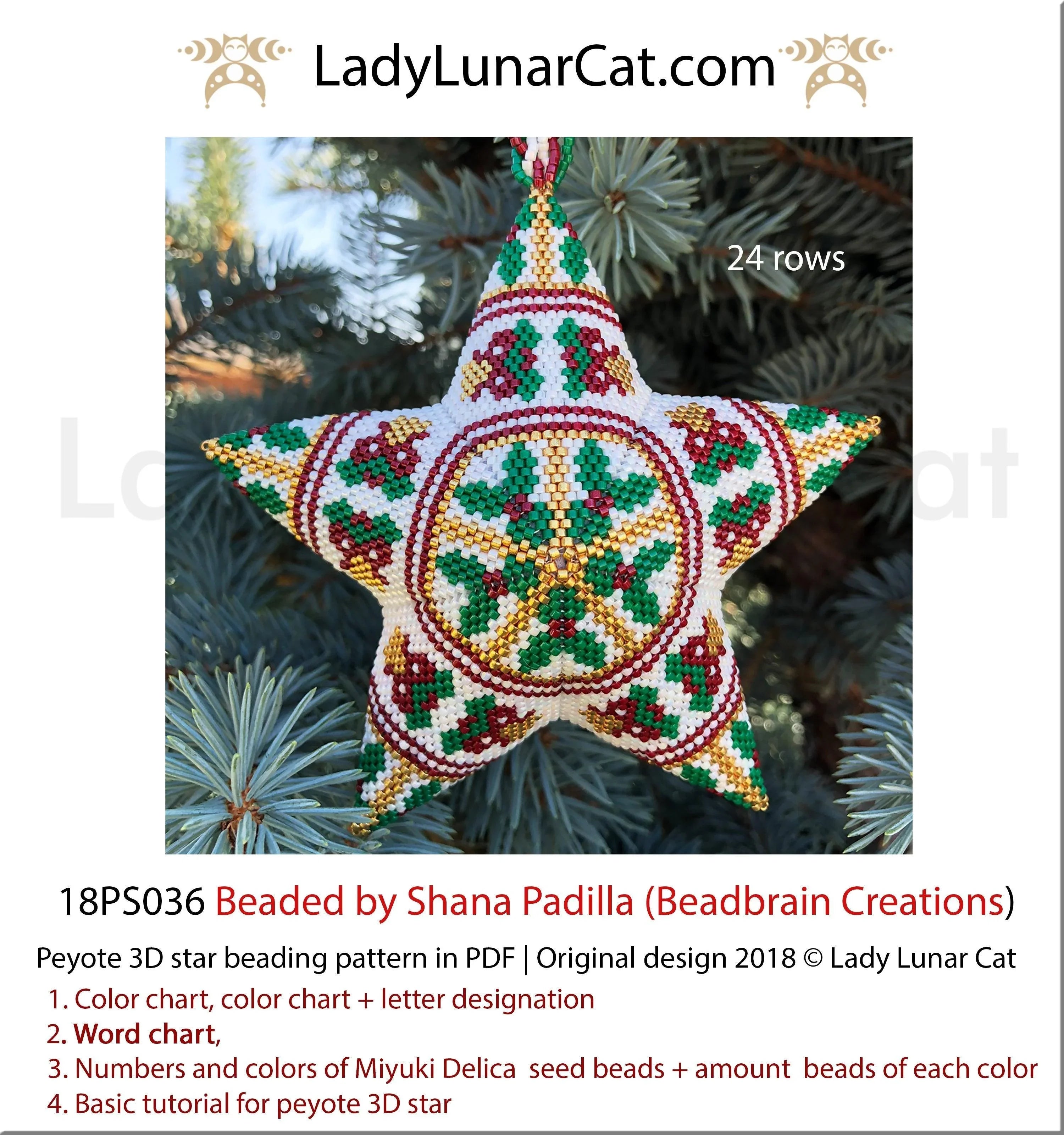 Bells holly peyote star pattern by Lady Lunar Cat — classic vintage Christmas ornament beading PDF 18PS036