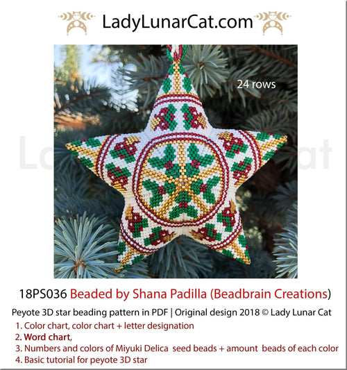 Bells holly peyote star pattern by Lady Lunar Cat — classic vintage Christmas ornament beading PDF 18PS036