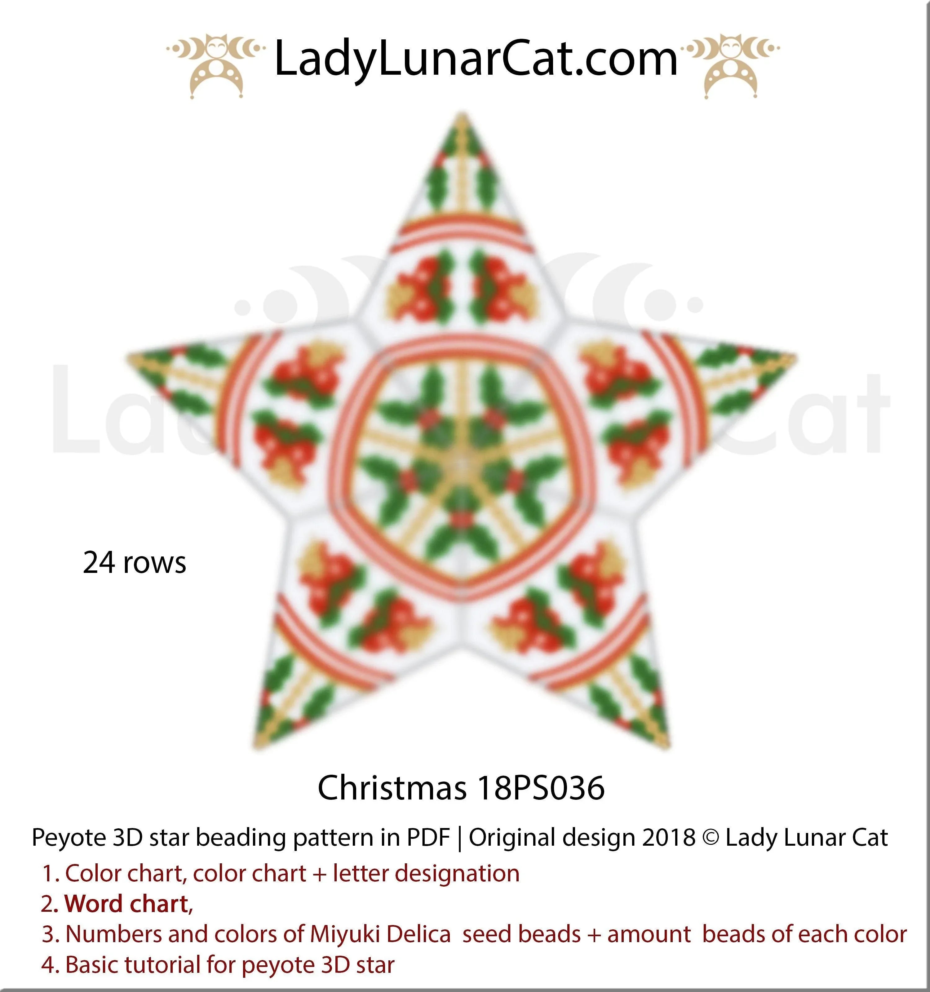 3D peyote star bells holly — classic vintage Christmas ornament instant download LadyLunarCat
