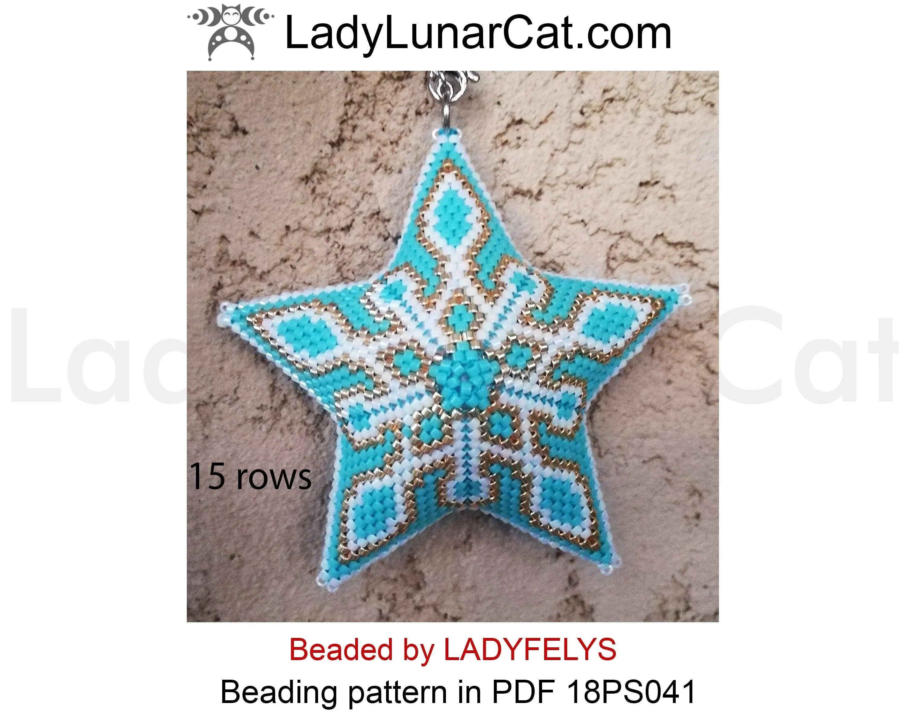 Oriental Christmas peyote star pattern by Lady Lunar Cat — 3 sizes turquoise gold mandala beading PDF 18PS041