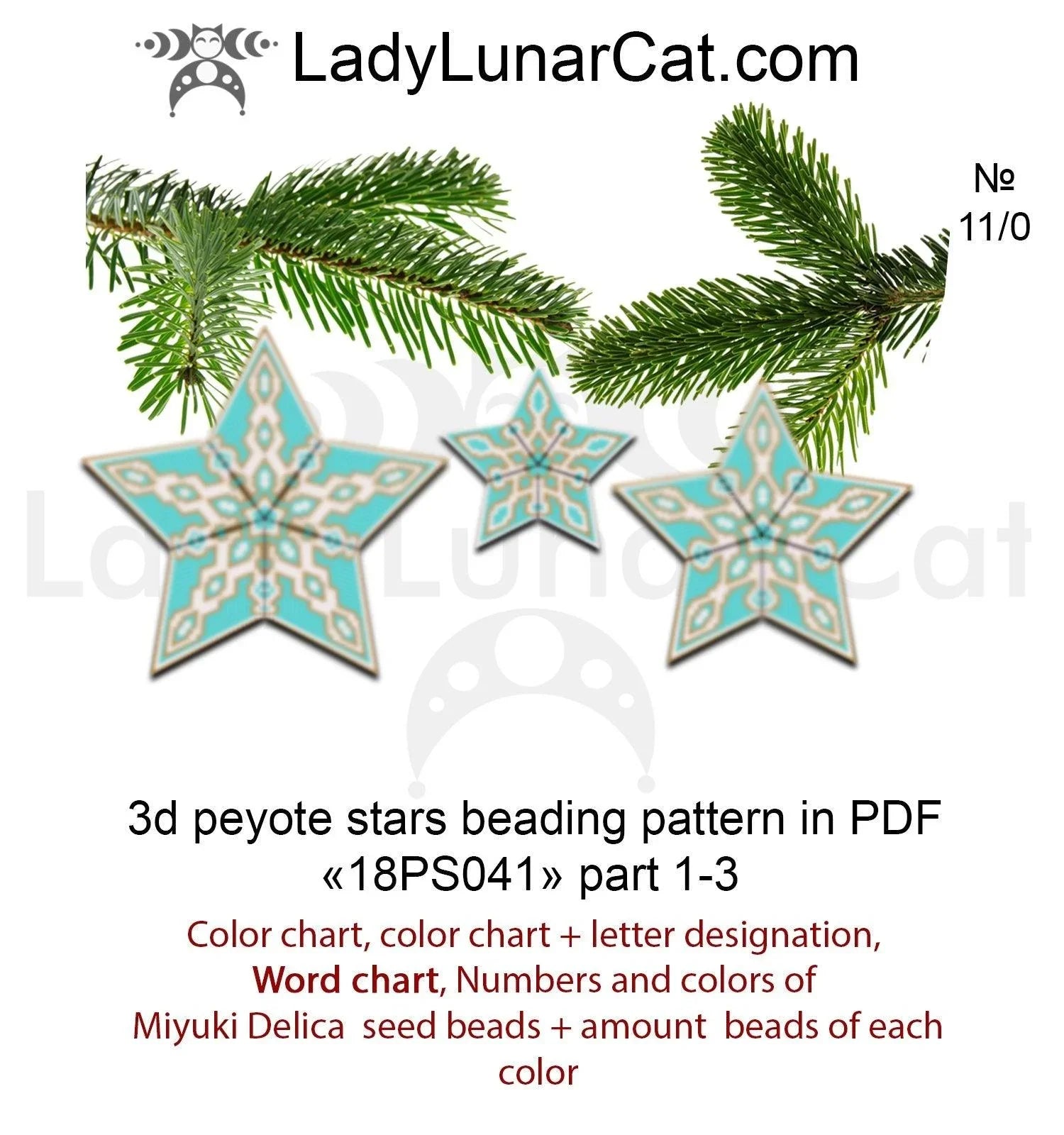 3D peyote star oriental Christmas — 3 sizes turquoise gold mandala instant download LadyLunarCat