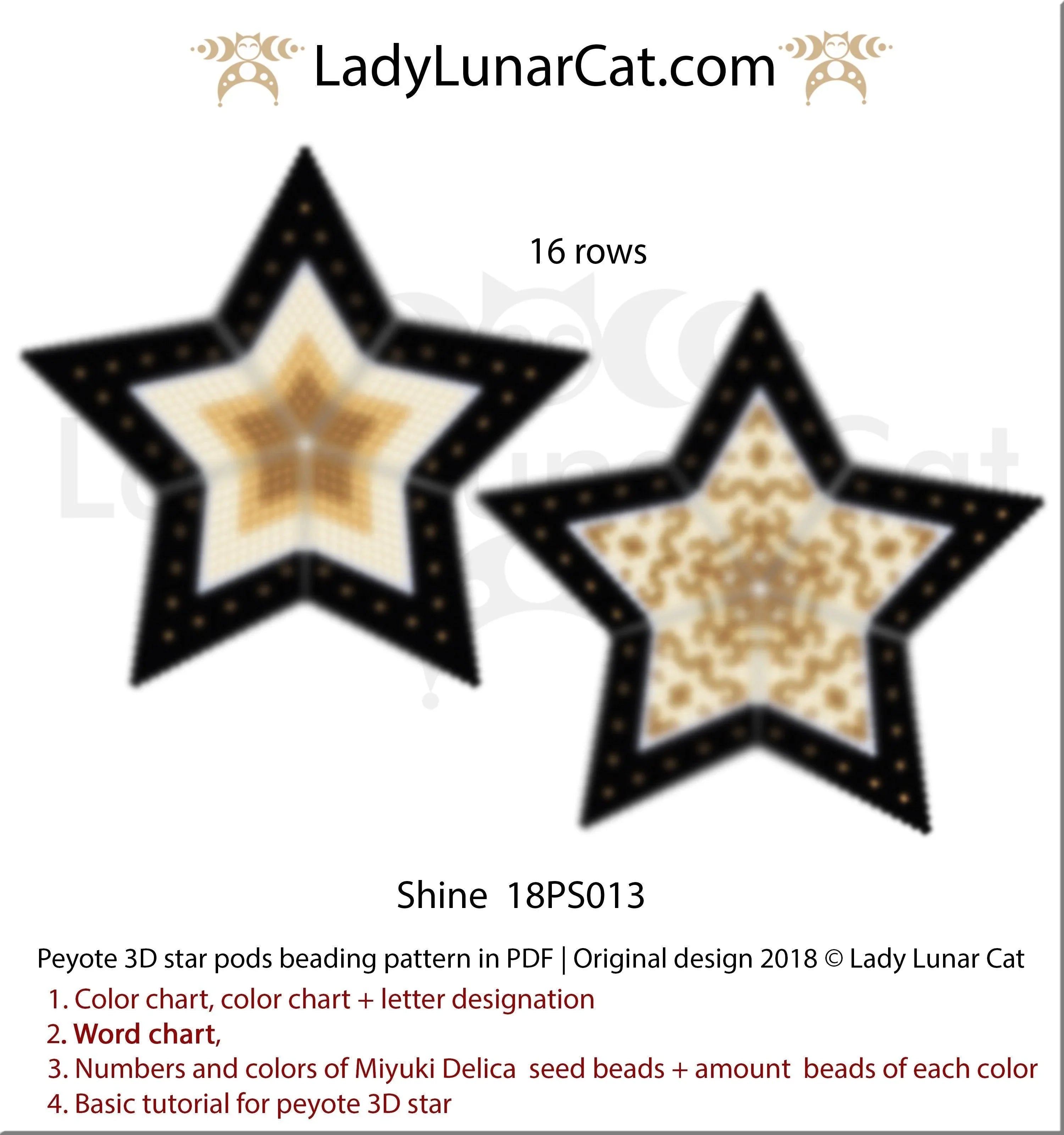 Golden shine peyote star — 3 versions, 4–5 colors each, 31-bead radius, Miyuki Delica 11/0