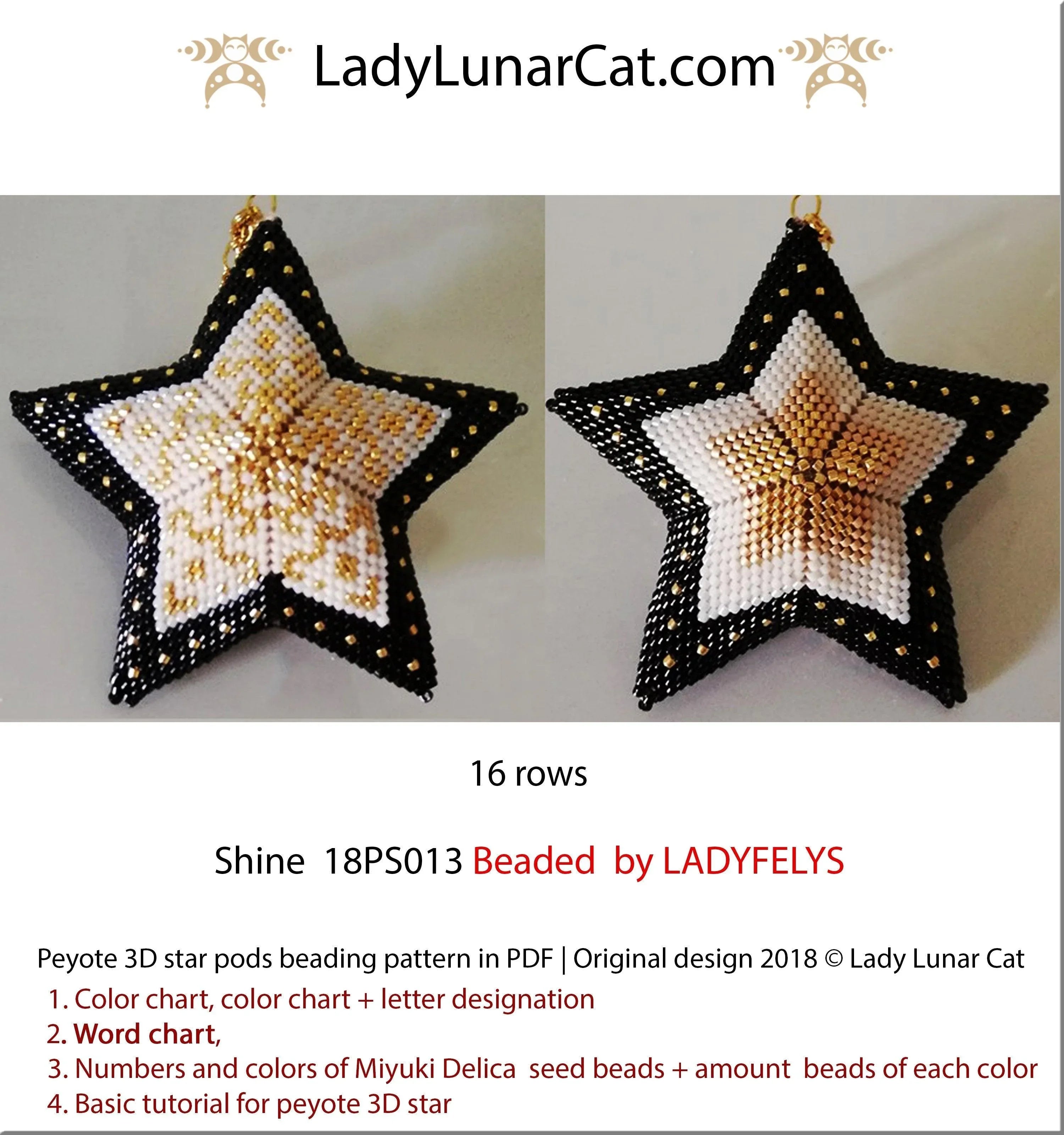3D peyote star shine — 16 corner rows, 32-page PDF, golden Christmas ornament, instant download