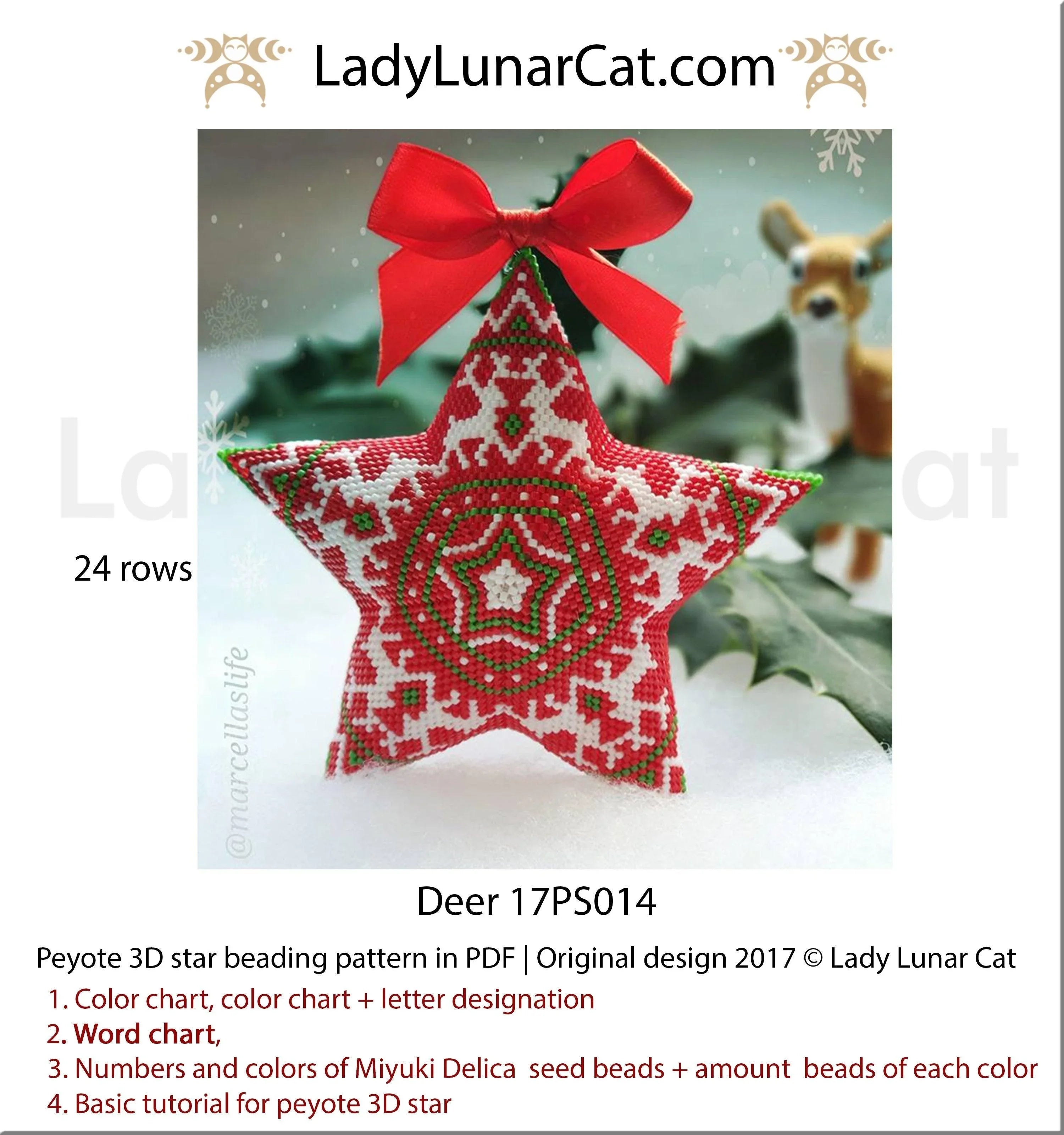 Northern deer peyote star pattern by Lady Lunar Cat — 3 colorways Christmas reindeer vintage beading PDF 17PS014