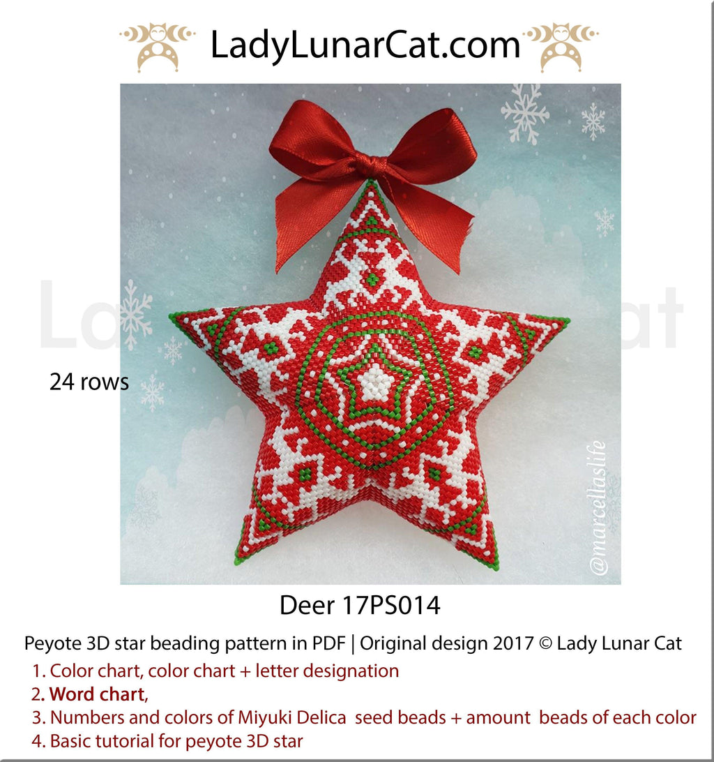 Peyote star patterns for beading Christmas ornaments with Northern deer 17PS014 LadyLunarCat