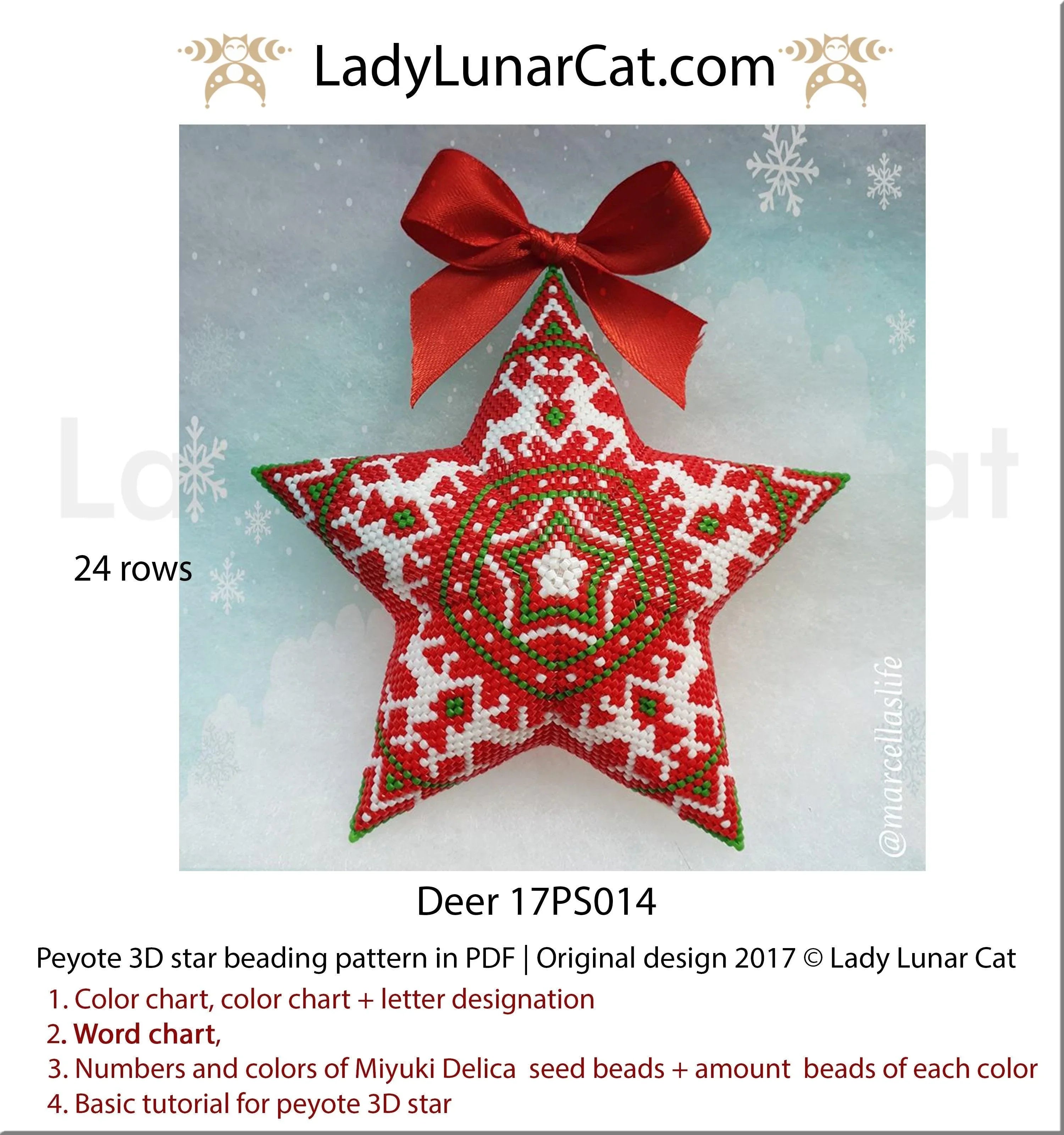 Northern deer peyote star — 3 colorways Christmas reindeer vintage ornament beading LadyLunarCat
