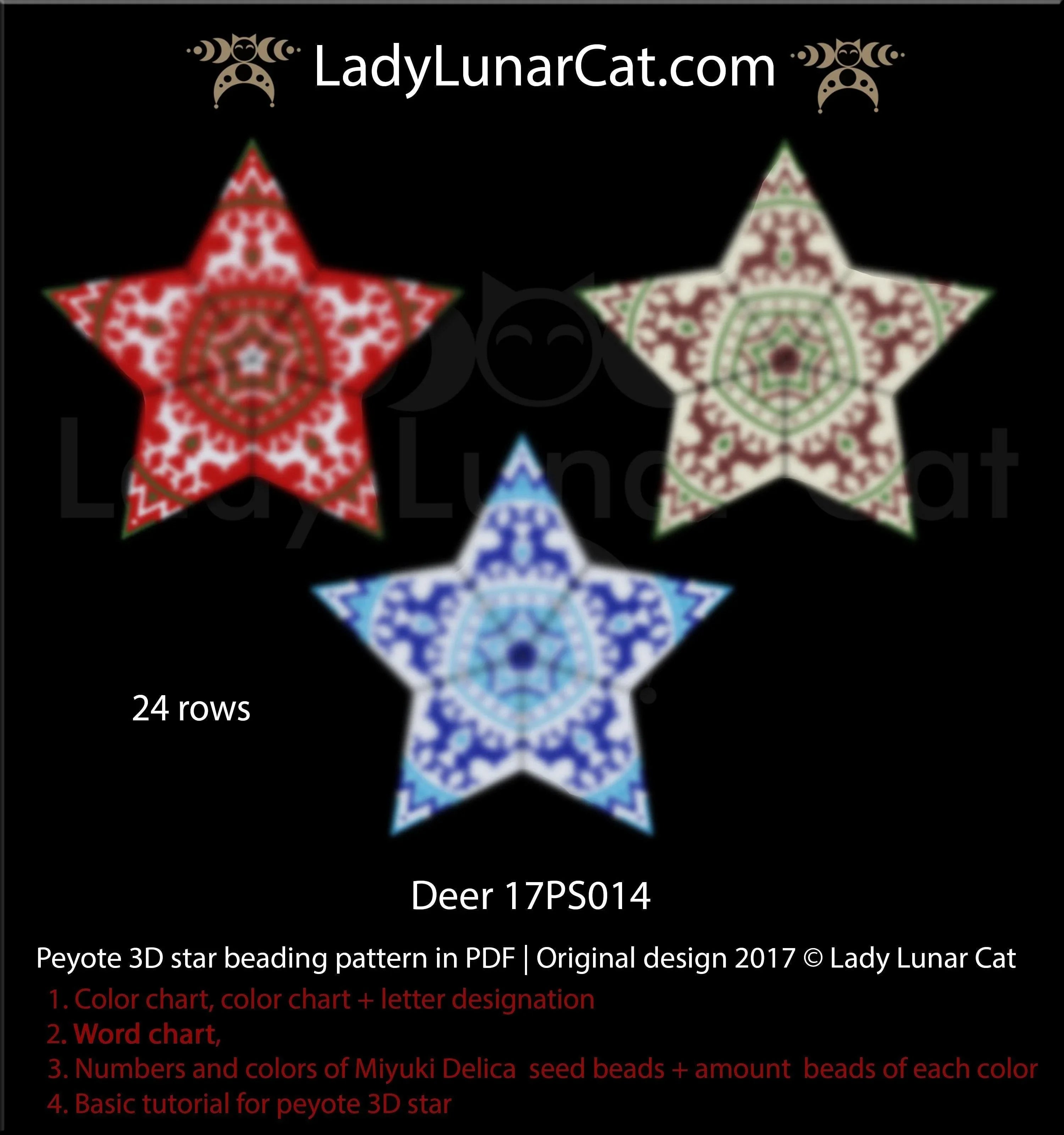 3D peyote star northern deer — 3 colorways Christmas reindeer vintage instant download LadyLunarCat