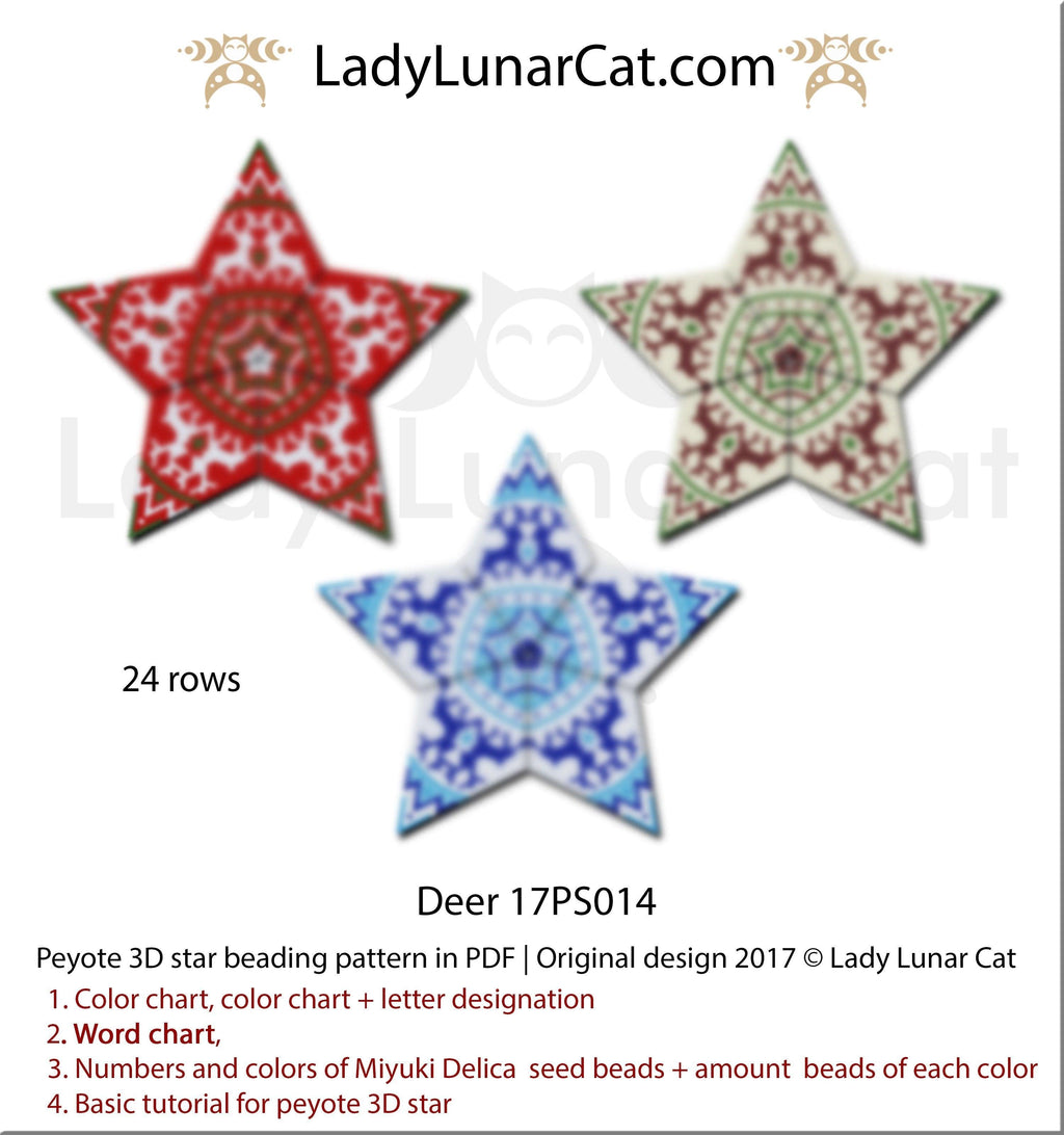 Peyote star patterns for beading Christmas ornaments with Northern deer 17PS014 LadyLunarCat