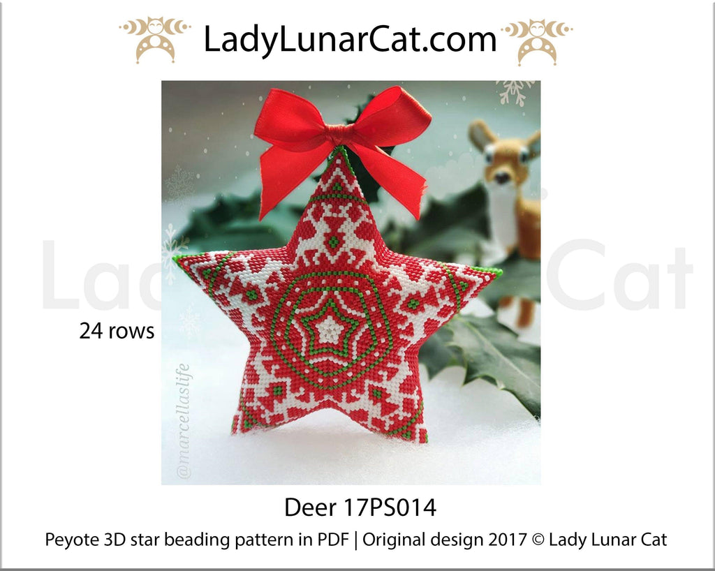 Peyote star patterns for beading Christmas ornaments with Northern deer 17PS014 LadyLunarCat