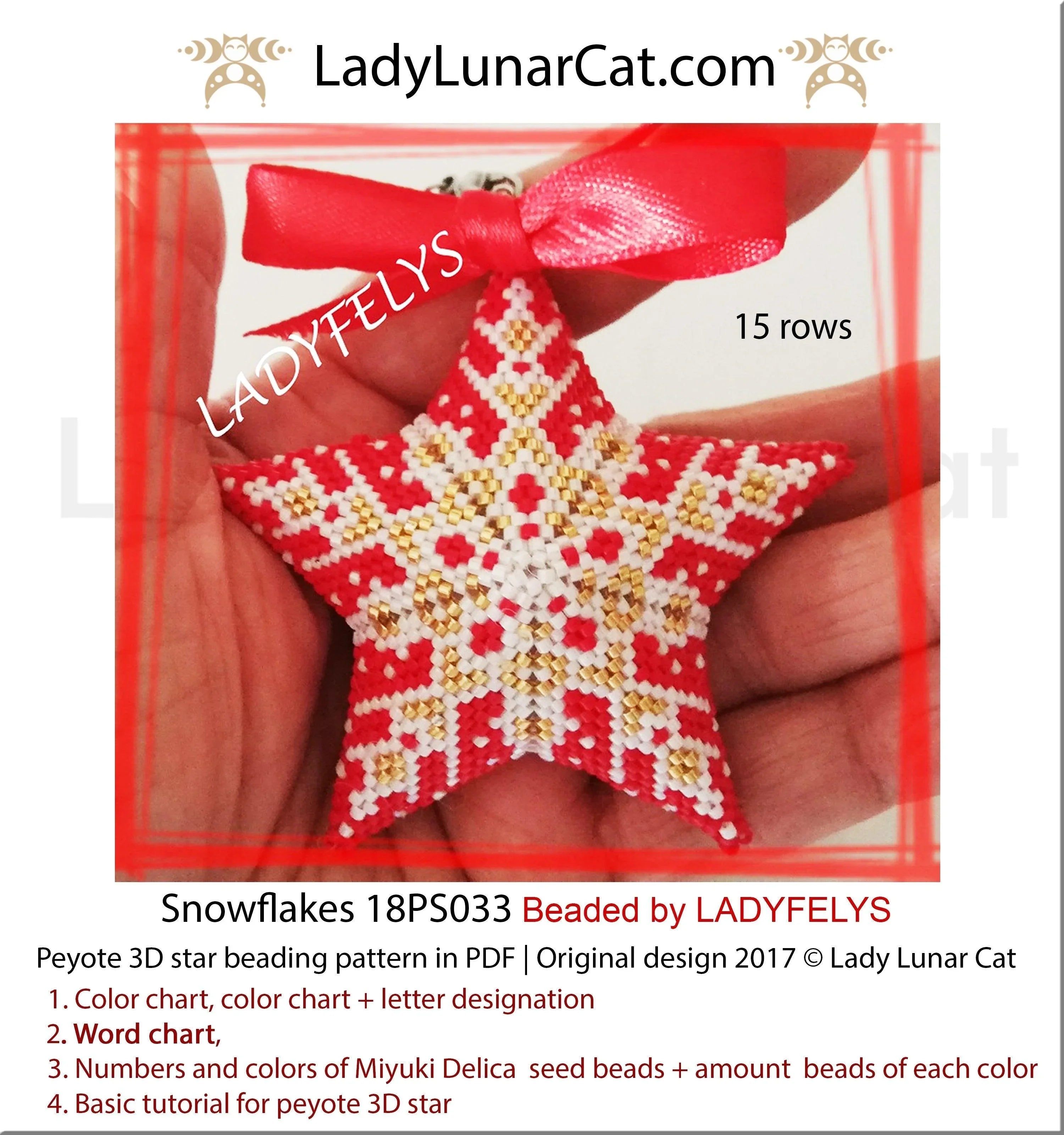 Cozy red Christmas snowflake peyote star pattern 3 sizes