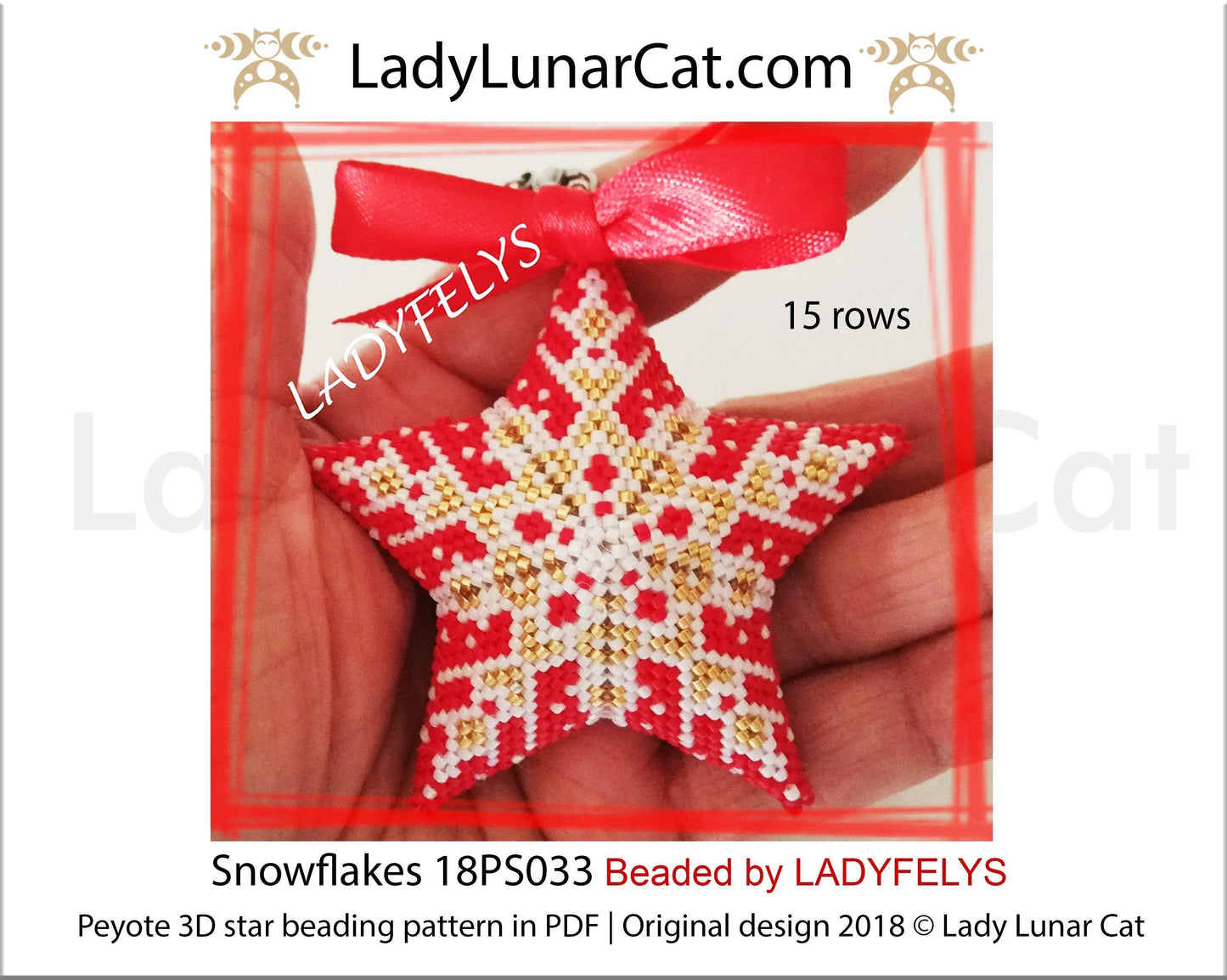 Peyote star patterns for beading Christmas red snowflake 18PS033 LadyLunarCat