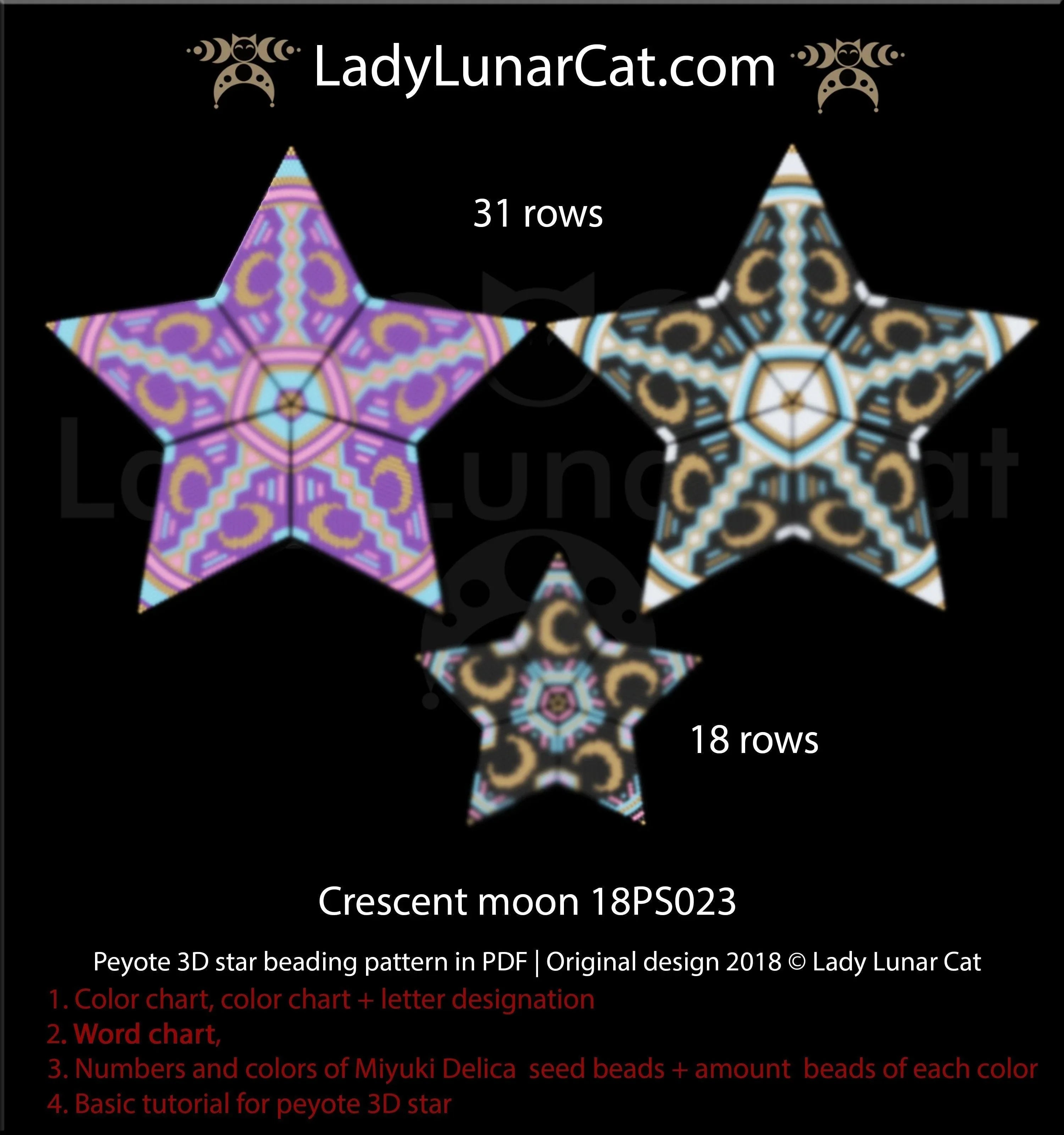 Peyote star pattern crescent moon — large 61-bead & small 35-bead, instant downloadLadyLunarCat