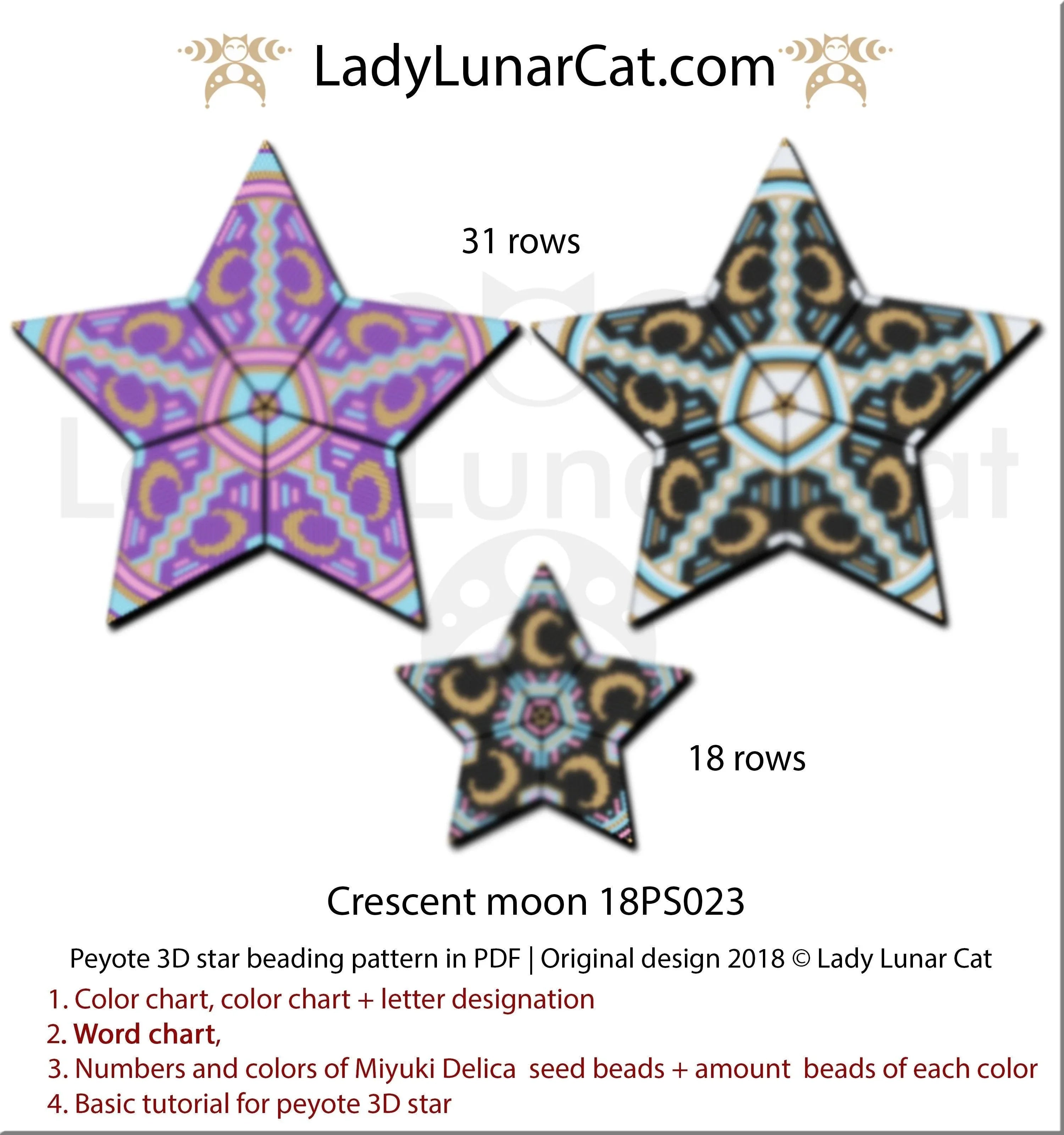 Beaded crescent moon star pendant — 3D peyote tutorial PDF for all levels