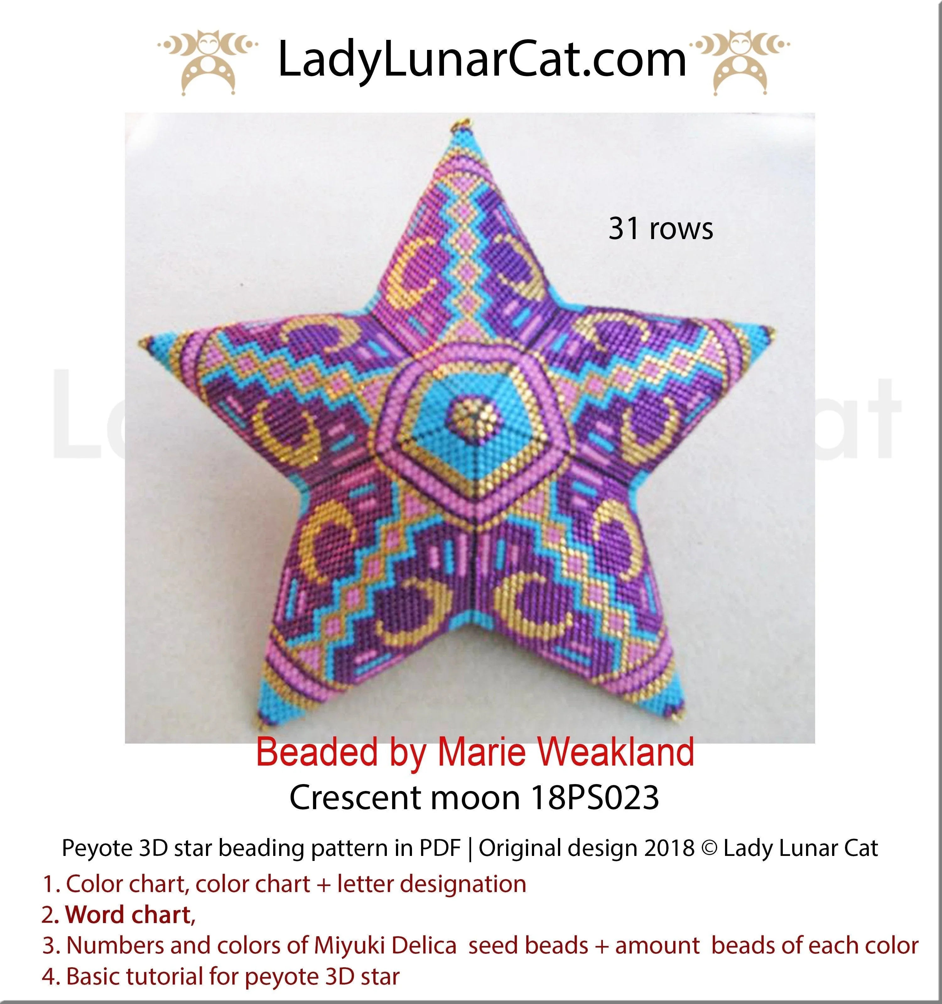 Crescent moon star beading pattern preview — 4 color versions, 2 sizes included