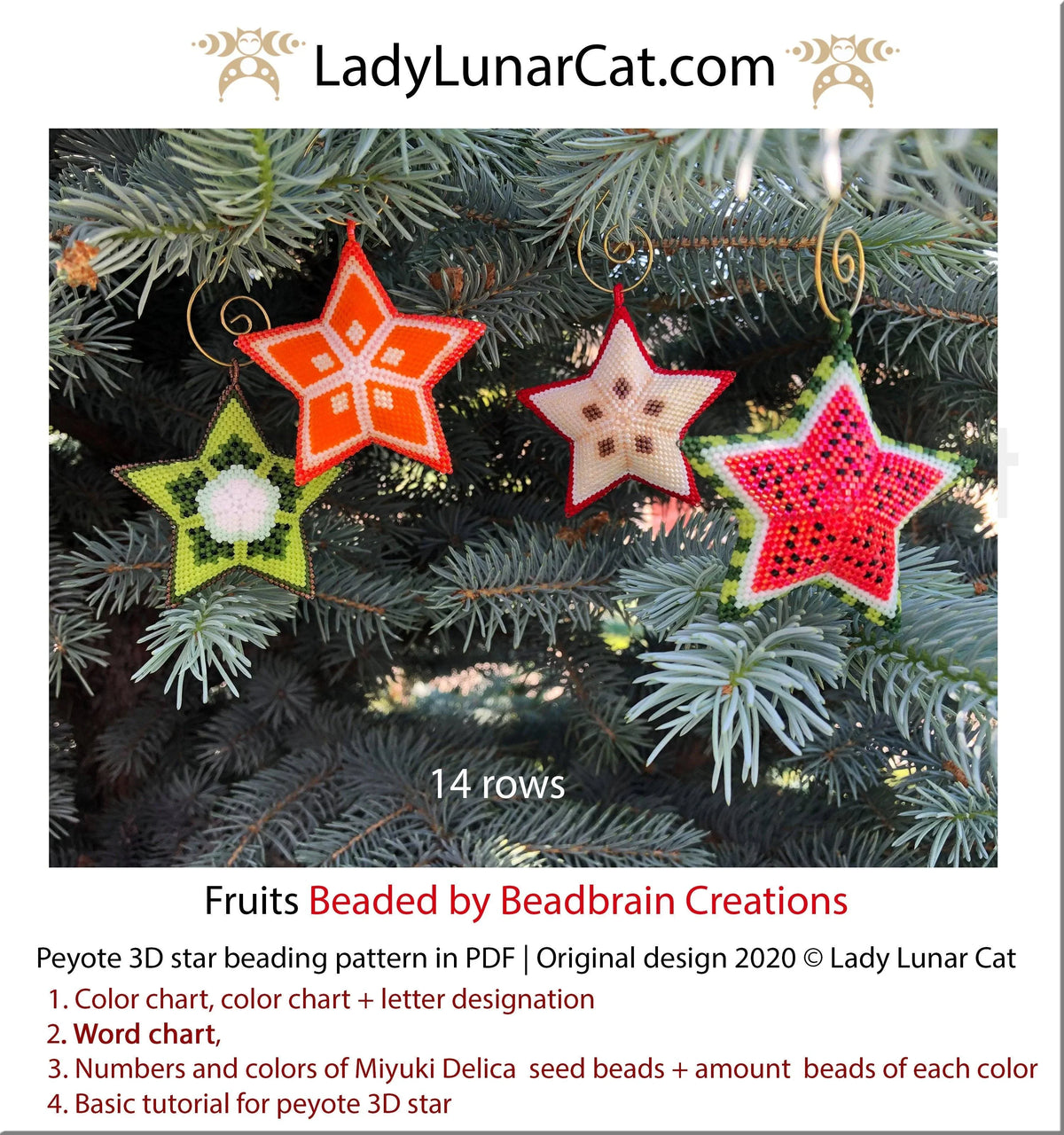 Summer fruits peyote star bundle PDF by Lady Lunar Cat — 4 patterns orange kiwi apple watermelon