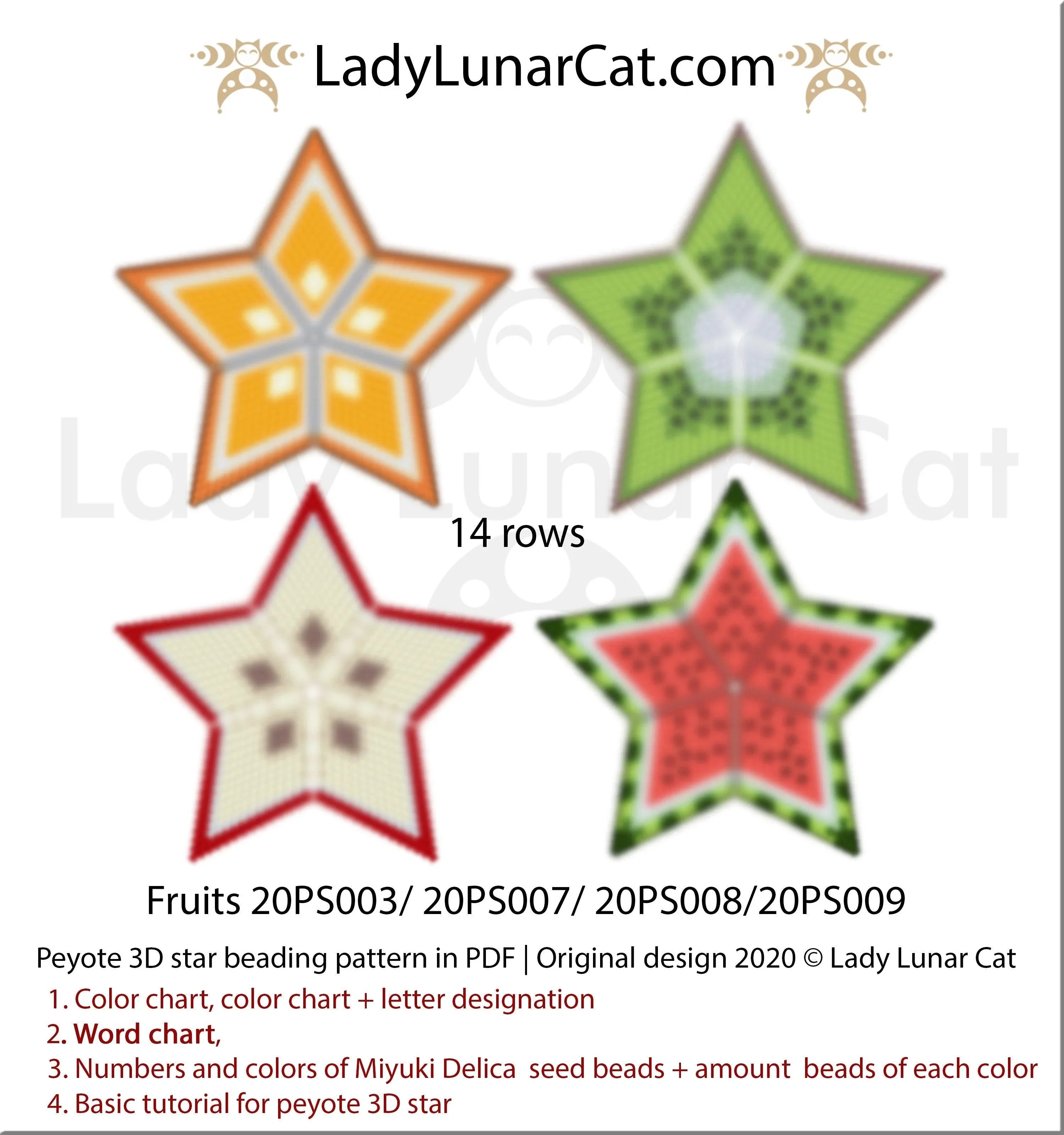 Summer fruits peyote star set — 4 designs, 5–6 colors each, 27-bead radius, Miyuki Delica 11/0