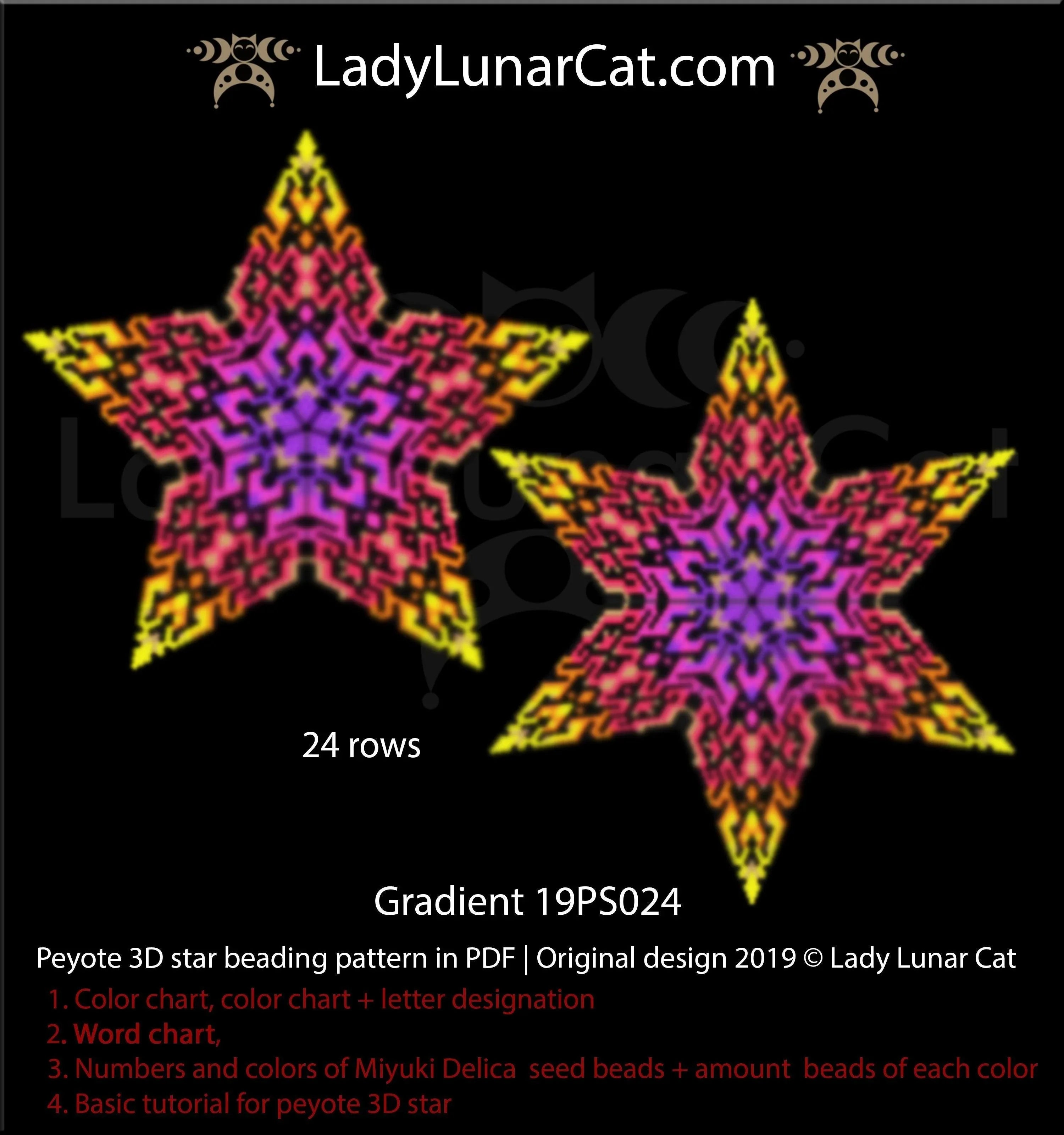 Beaded gradient geometric star — peyote stitch tutorial PDF, neon opaque silver line