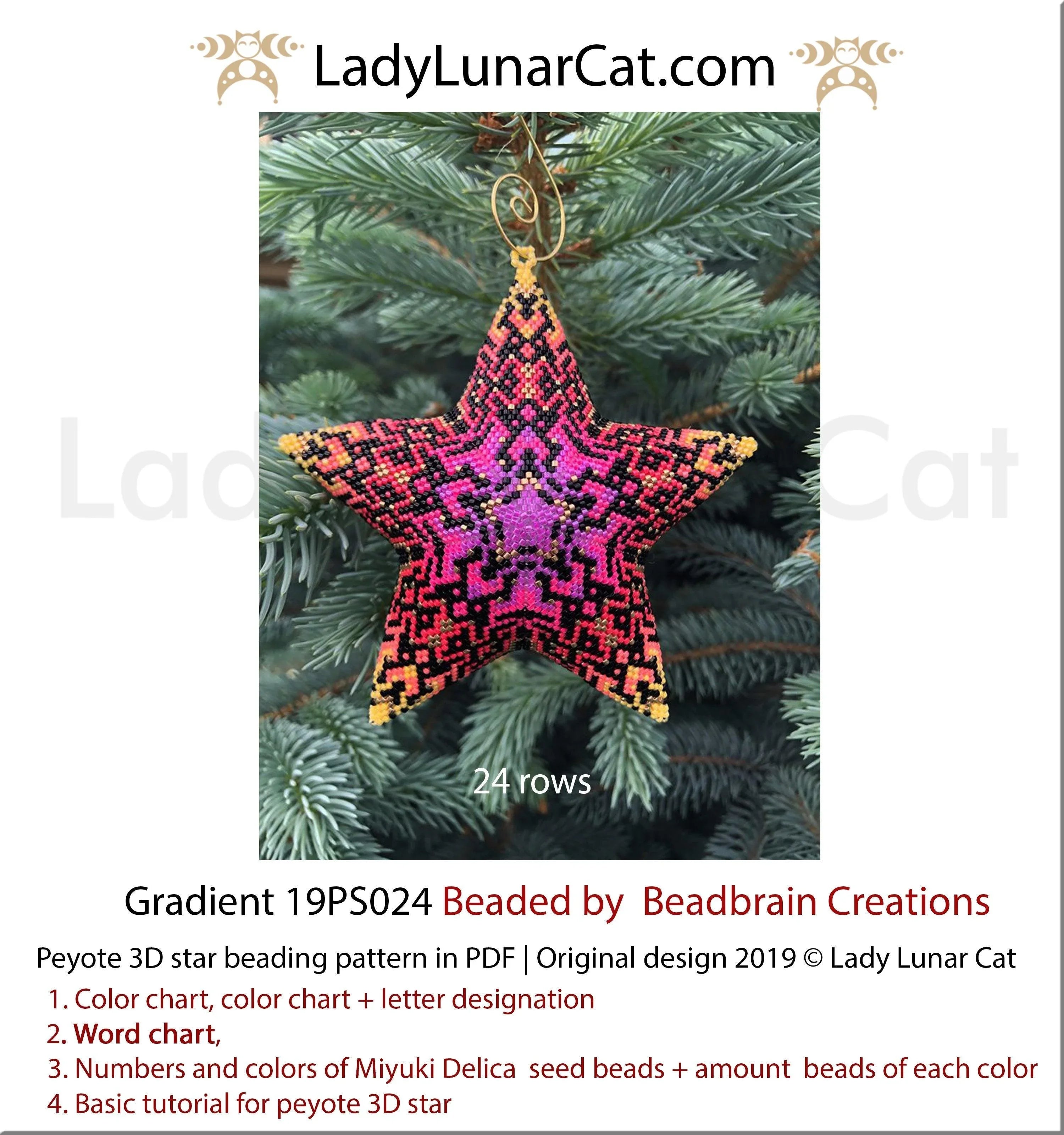 3D peyote star gradient — 47-bead radius, 24 rows, 3 palette options, instant download