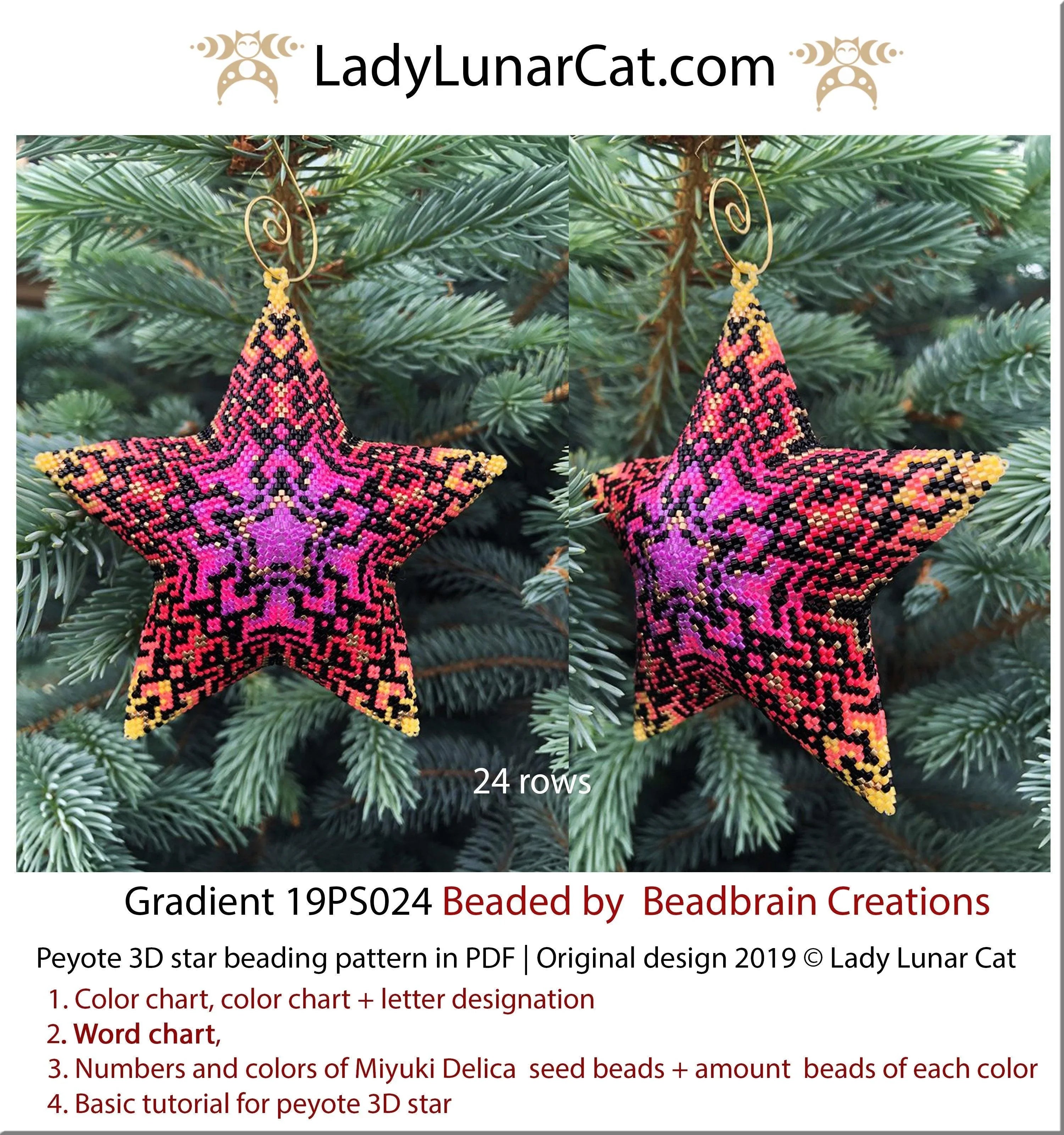 Gradient peyote star pattern PDF by Lady Lunar Cat — 3 Delica finishes 19PS024