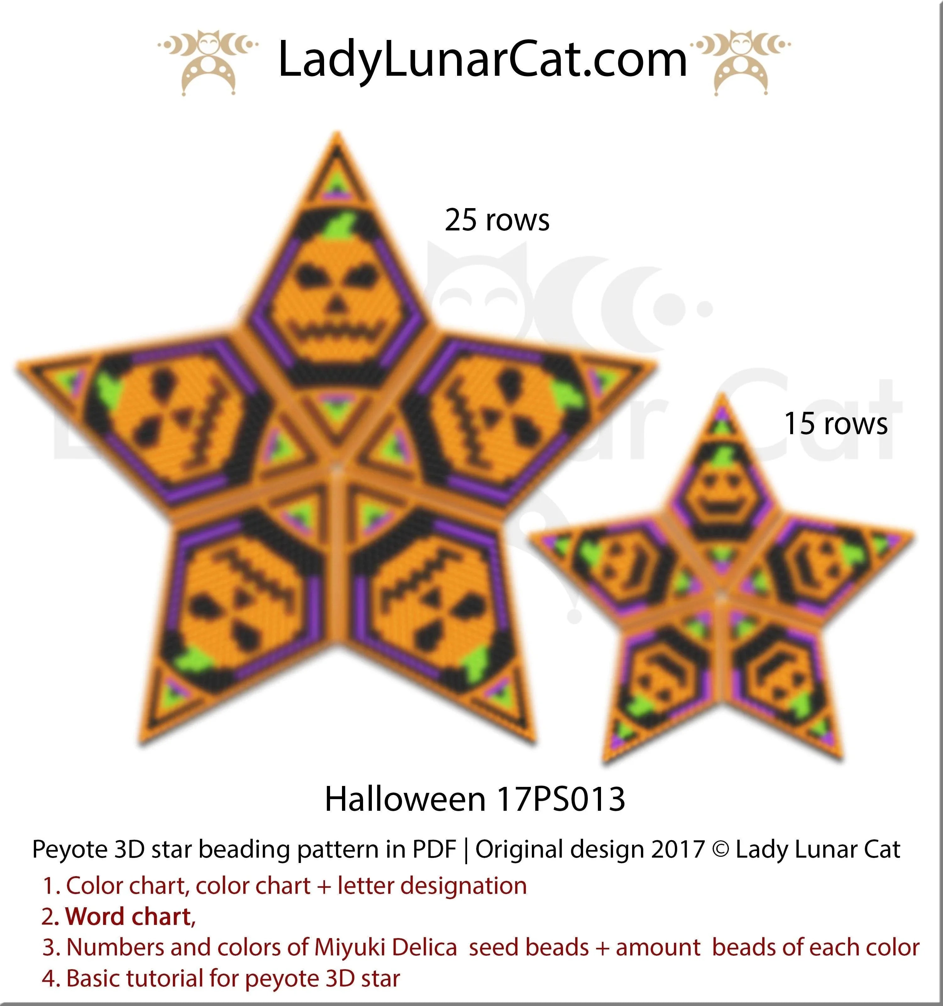 Halloween peyote star large - 49 beads 25 rows carved pumpkin Miyuki Delica LadyLunarCat