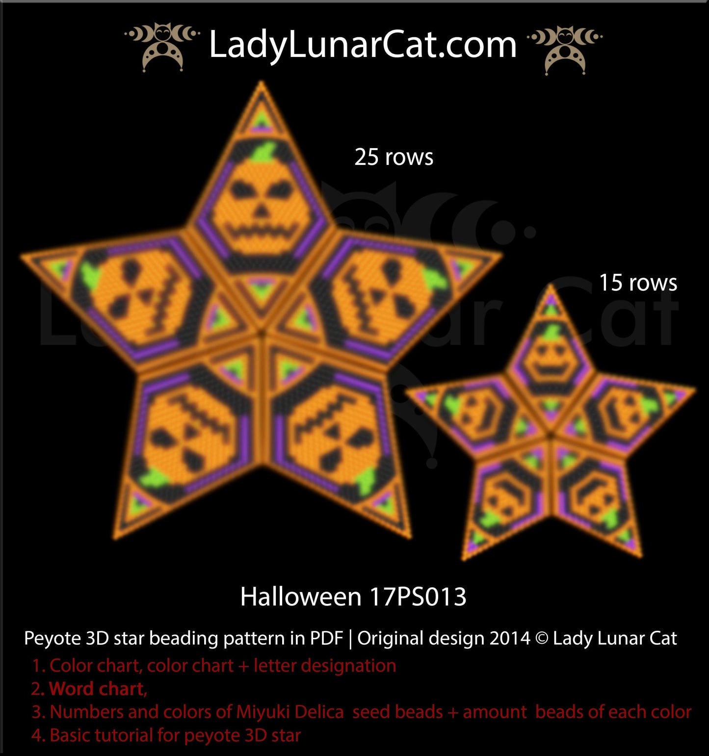 Peyote star patterns for beading Halloween Pumpkin 17PS013 LadyLunarCat