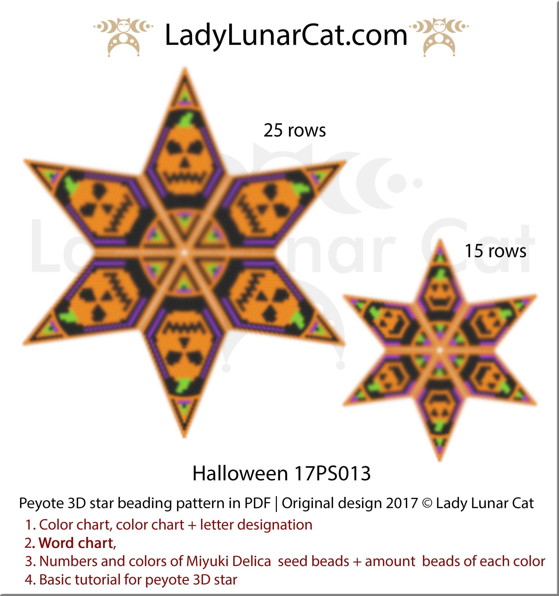 Peyote star patterns for beading Halloween Pumpkin 17PS013 LadyLunarCat