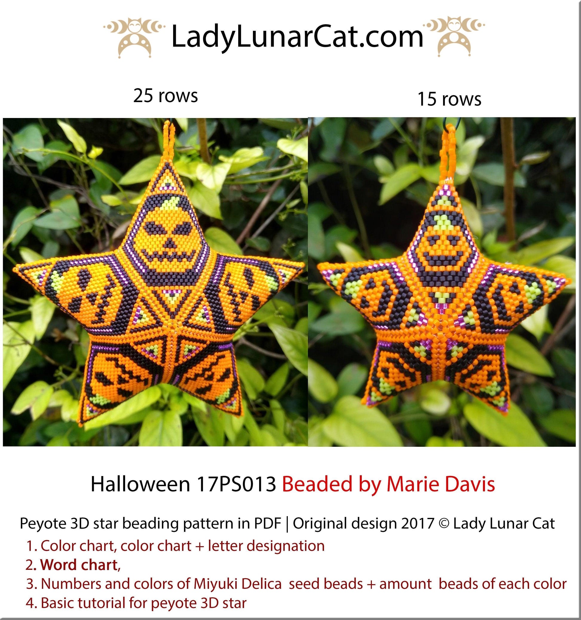 Peyote star patterns for beading Halloween Pumpkin 17PS013 LadyLunarCat