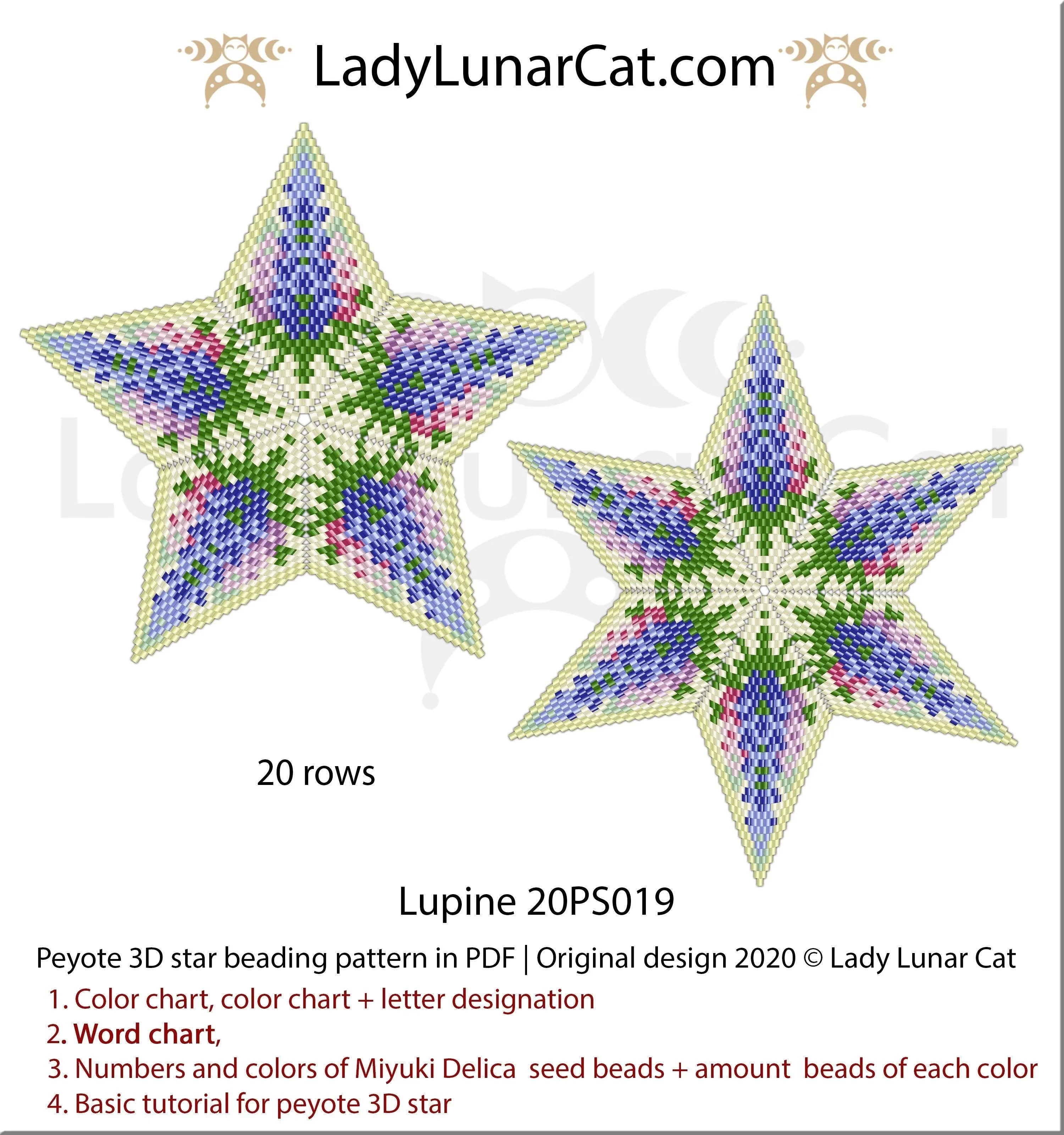 Lupine peyote star beaded by Ann Lucas - finished example colorway LadyLunarCat