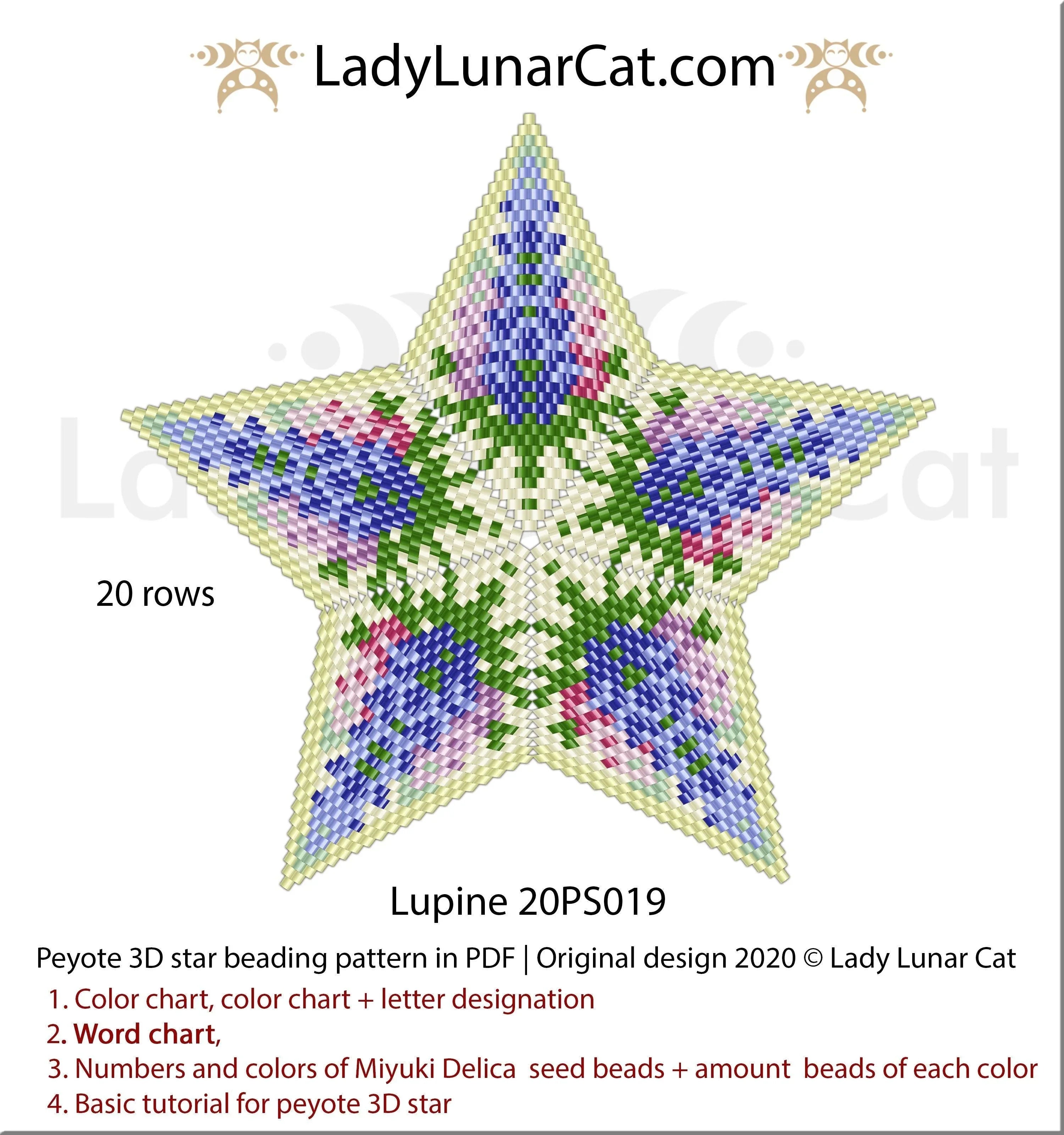 Lupine beaded star - richest palette 10 Miyuki Delica purple pink green summer LadyLunarCat