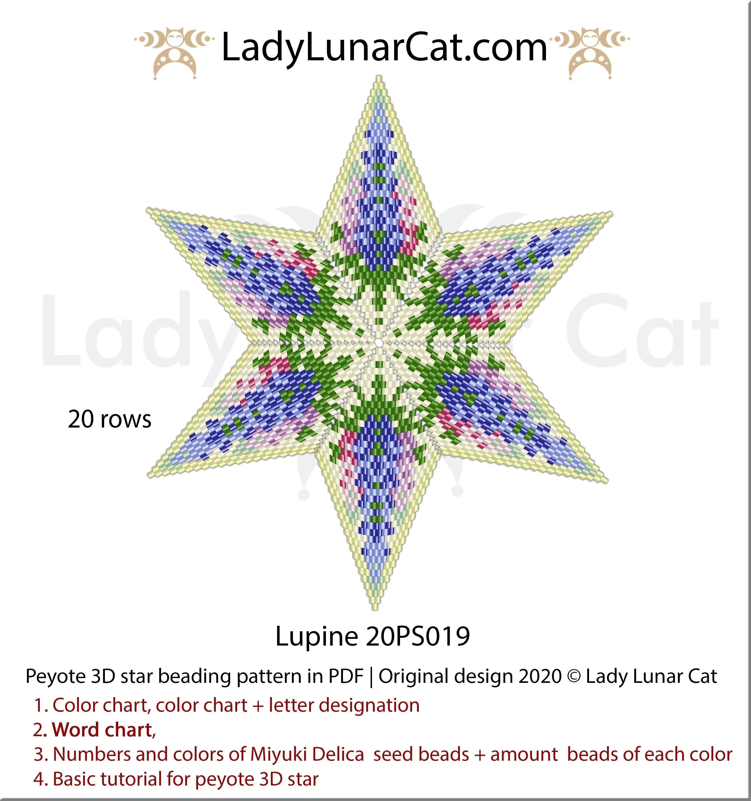 Lupine peyote star beaded by Shana Padilla Beadbrain Creations - finished example LadyLunarCat