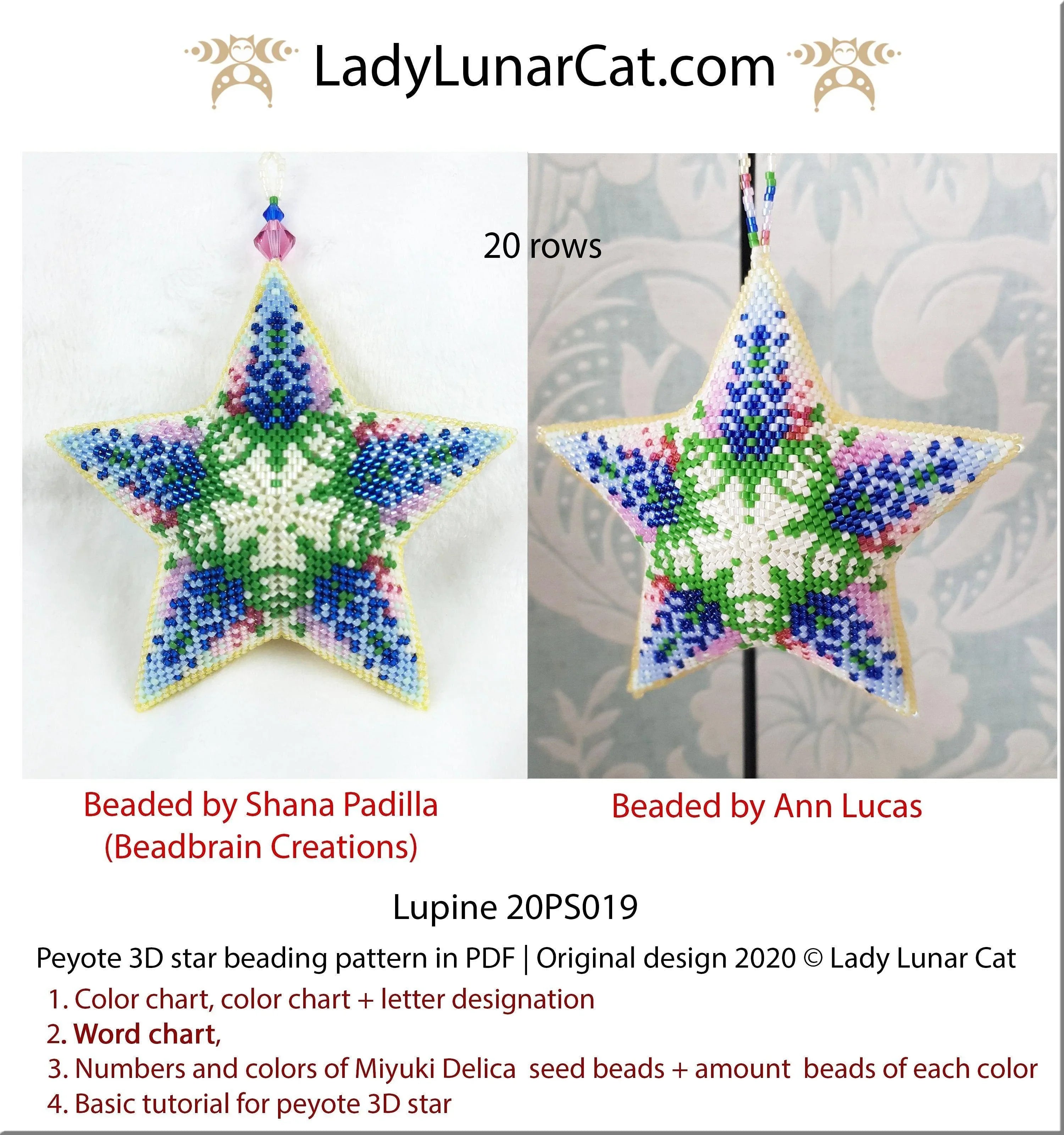 Lupine peyote star 20PS019 - 39 beads 20 rows 10 colors summer field botanical PDF LadyLunarCat