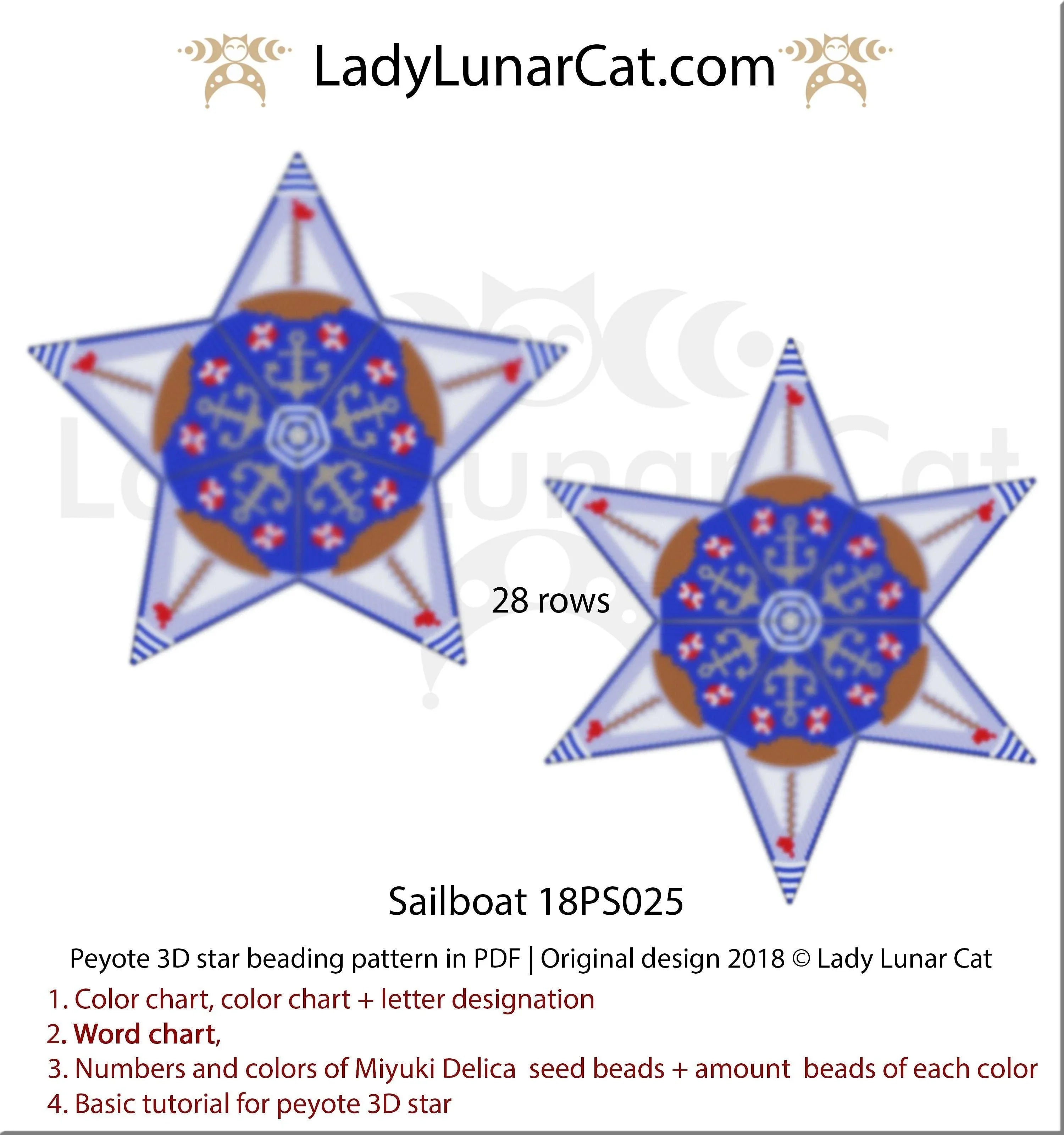 3D peyote star sailboat — 28 corner rows, ocean blue, gift for him, instant download
