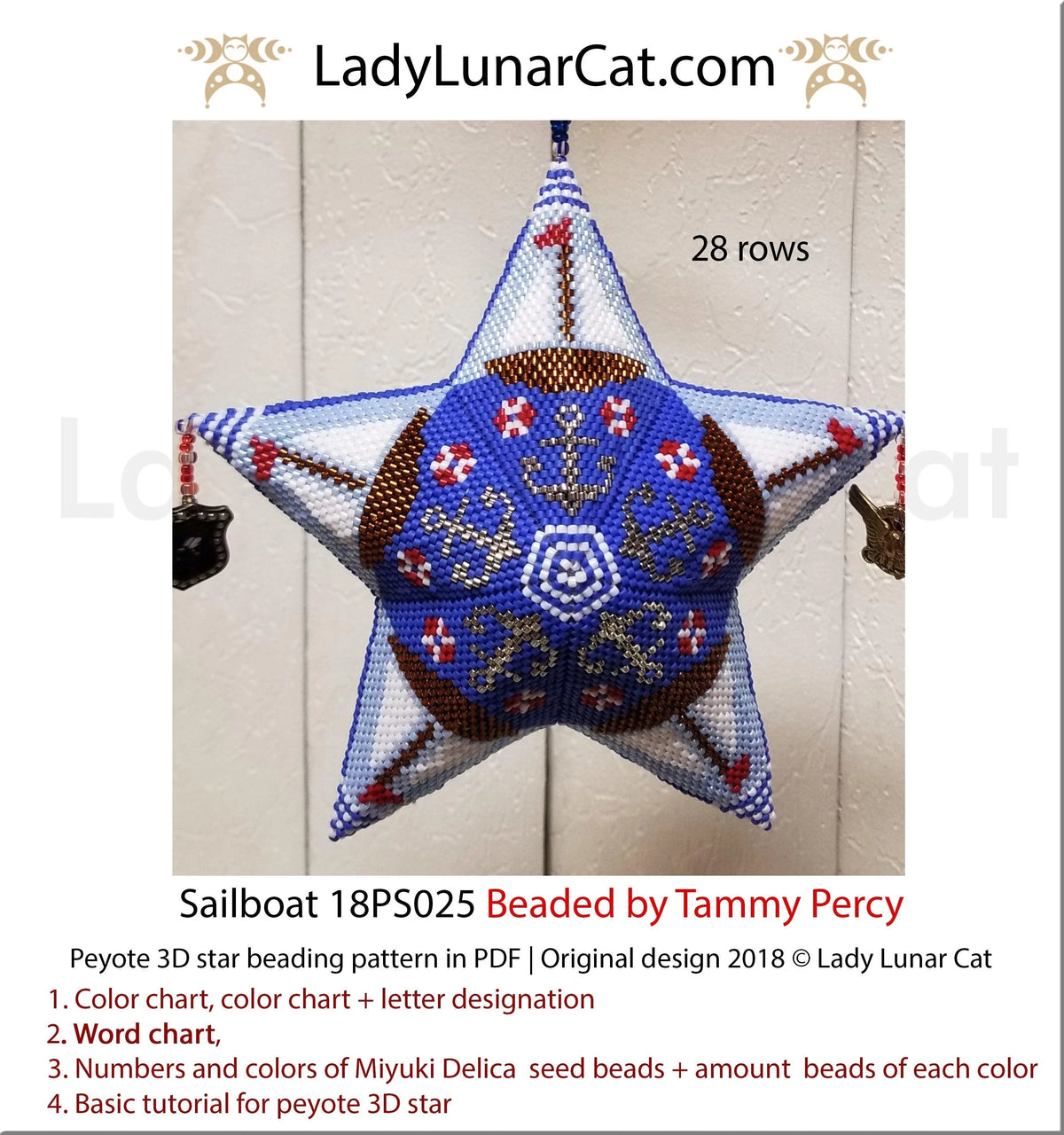 Nautical sailboat peyote star beading pattern — 6 colors, 55-bead radius, Miyuki Delica 11/0
