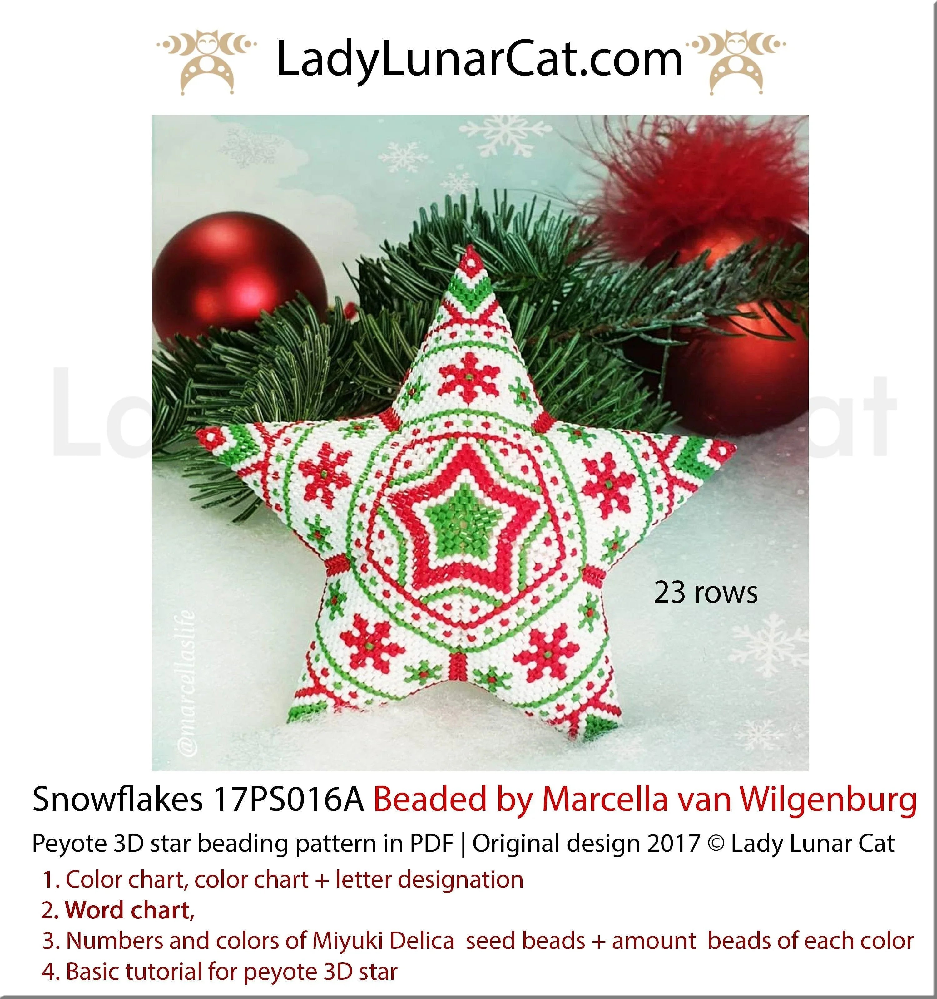 Snowflakes peyote star pattern by Lady Lunar Cat — minimal 3 colors vintage Christmas beading PDF 17PS016A