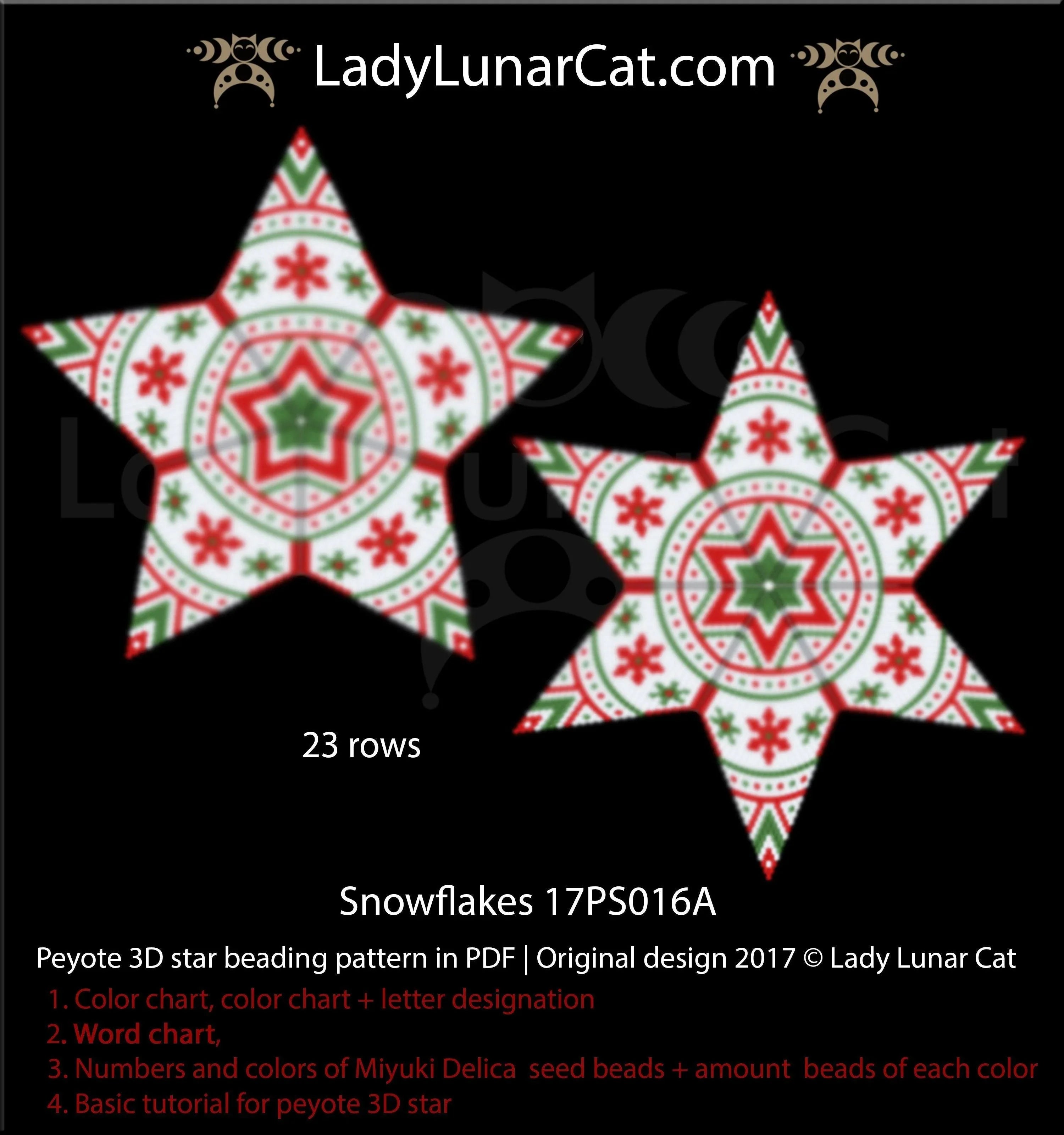 3D peyote star snowflakes — minimal 3 colors vintage Christmas ornament instant download LadyLunarCat